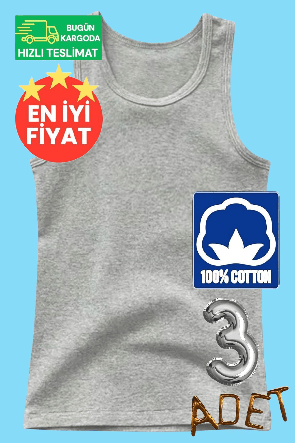 Erkek Çocuk Premium % 100 Pamuklu Gri 3'lü Atlet