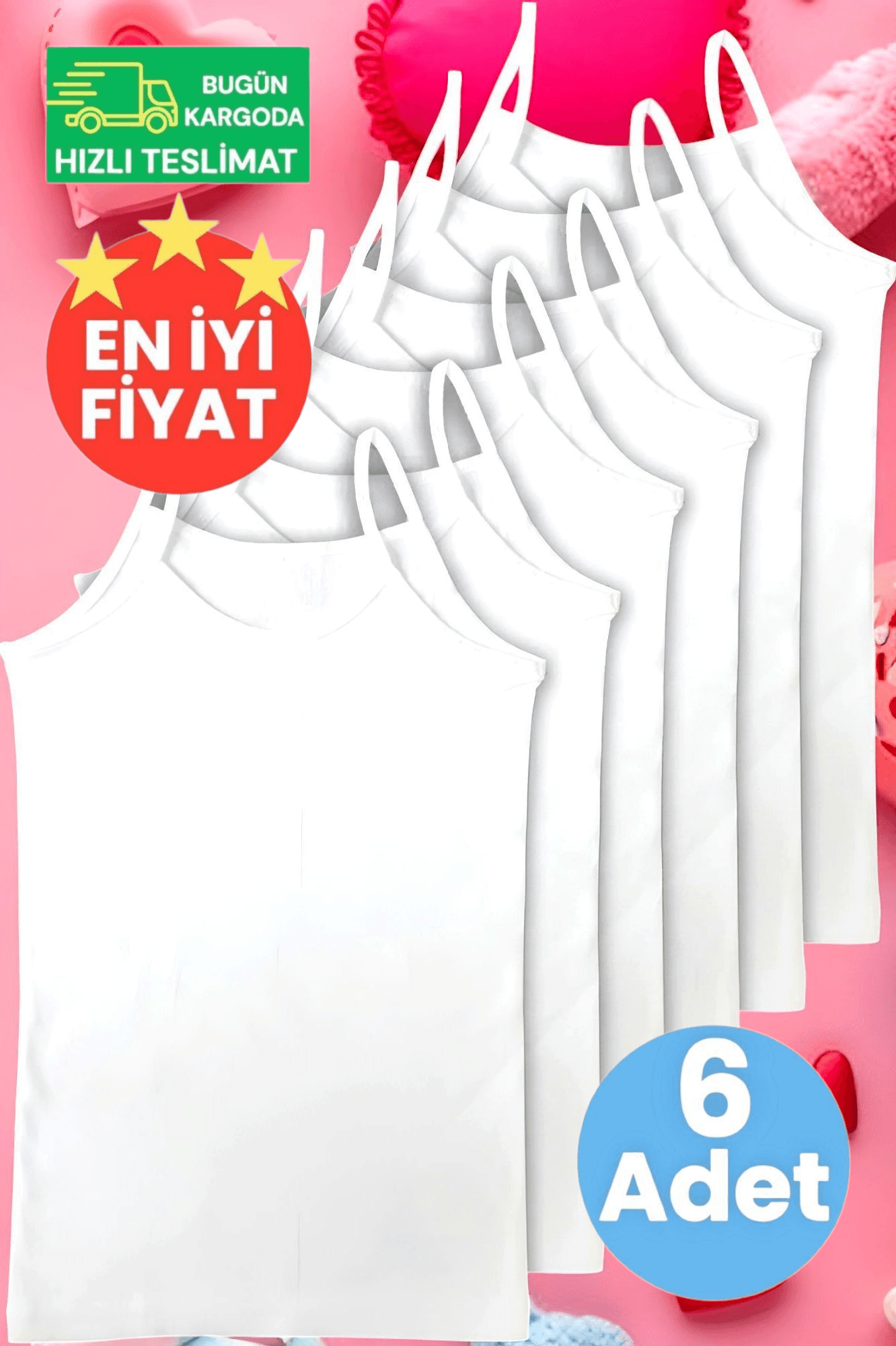 Kız Çocuk Pamuklu Dört Mevsim İp Askılı Beyaz 6'lı Atlet