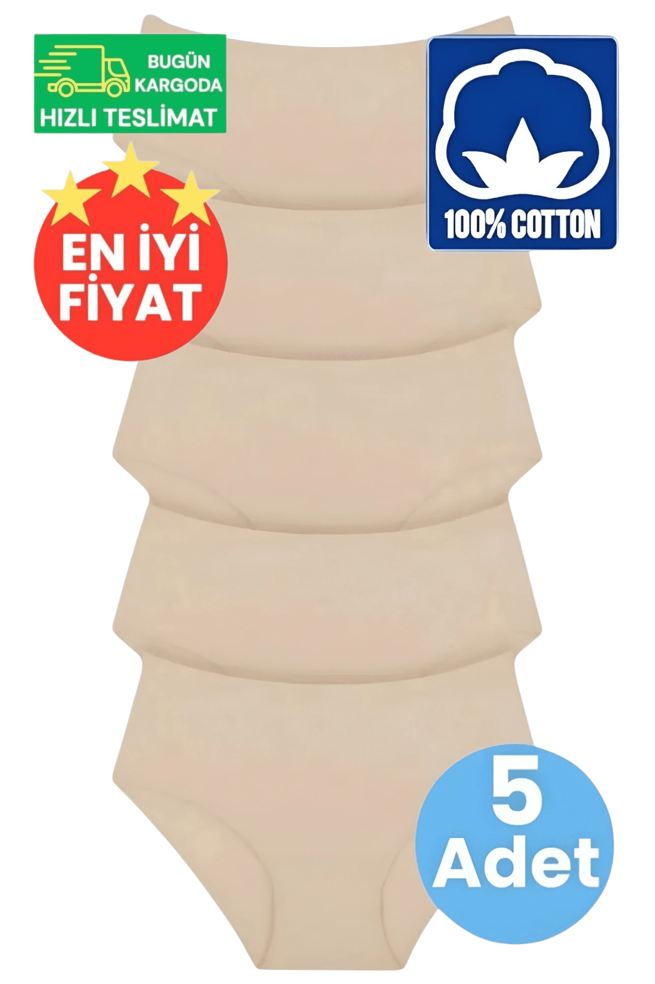 Kadın Yüksel Bel %100 Pamuklu Fitilli Ten Rengi 5'li Bato Külot 