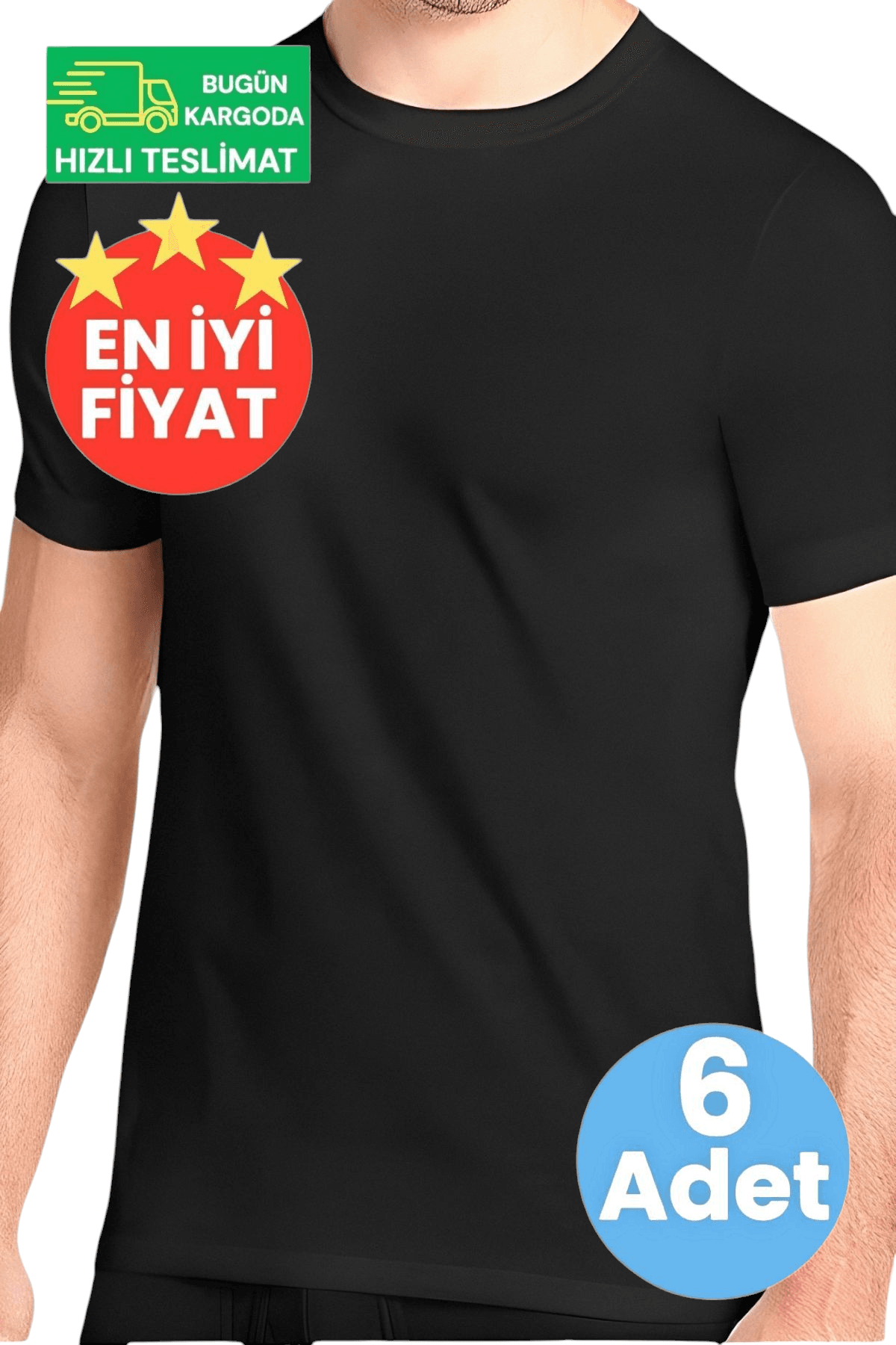 Erkek Pamuklu Dört Mevsim Sıfır Yaka Siyah 6'lı Fanila