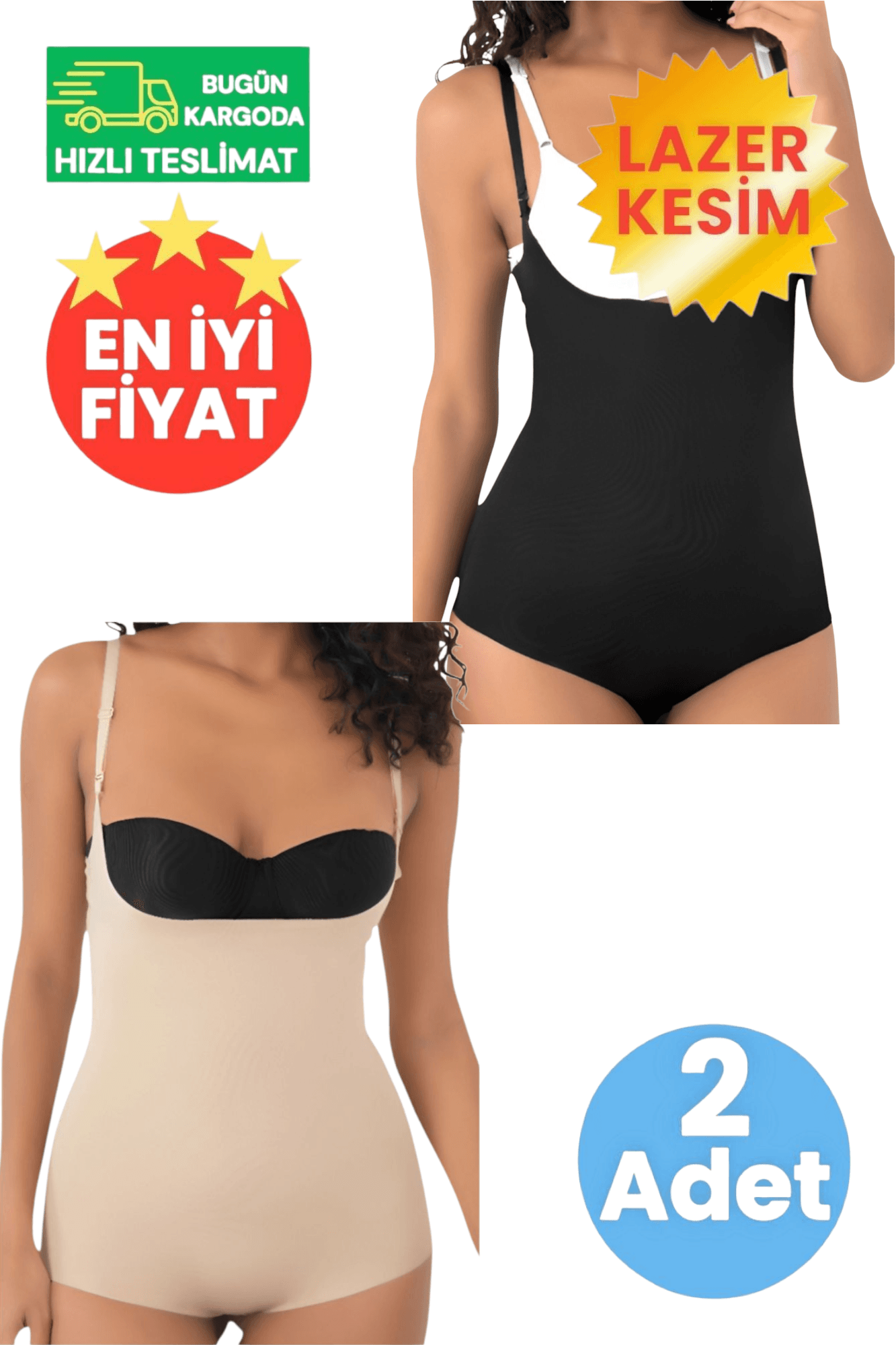 Kadın Lazer Kesim İnceltici ve Toparlayıcı Göğüs Altı Askılı Siyah ve Ten Rengi 2'li Body Korse