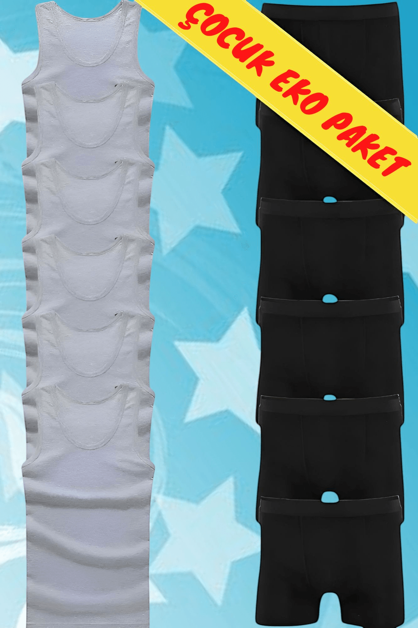 Erkek Çocuk Pamuklu Dört Mevsim 6 Gri Atlet 6 Siyah Boxer Set