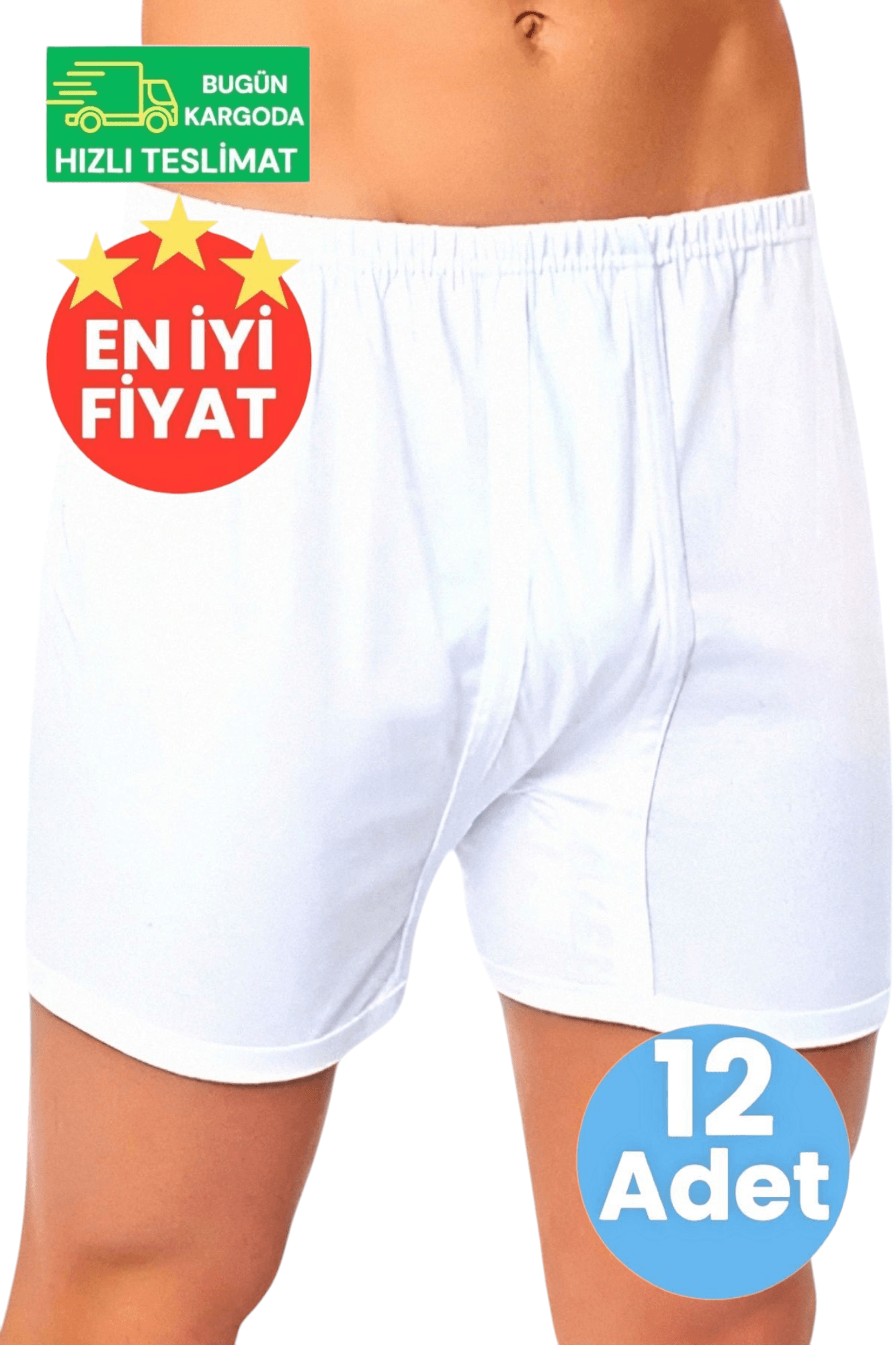 Erkek Pamuklu Dört Mevsim Rahat Kesim 12'li Beyaz Paçalı  Boxer Külot