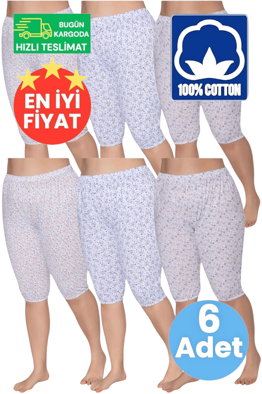  Kadın %100 Pamuklu Desenli Emprime Kısa Lastikli Pijama 6'lı Paçalı Don 