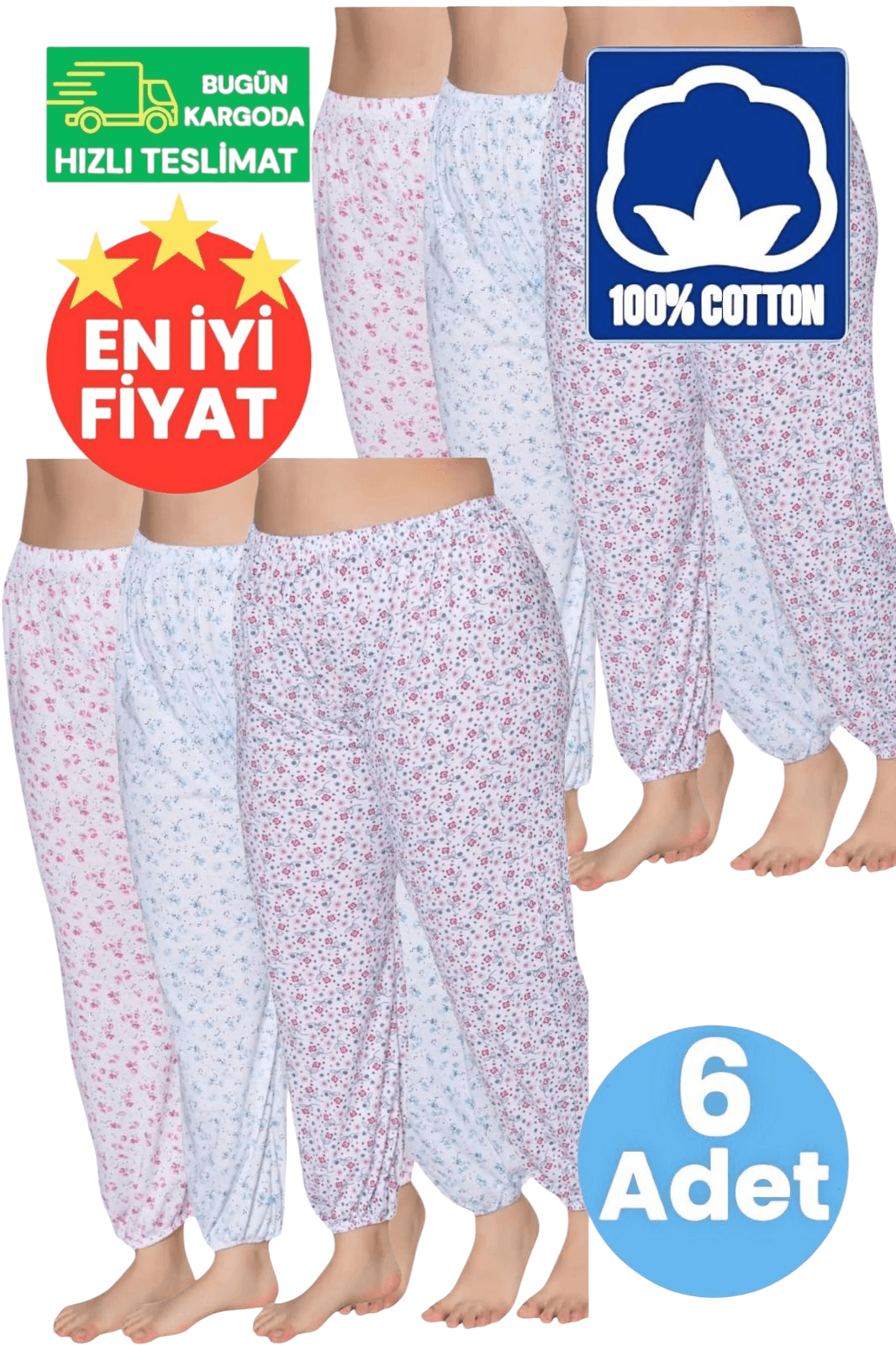 Kadın %100 Pamuklu Desenli Emprime Lastikli Uzun Pijama 6'lı Lastik Paçalı Don 