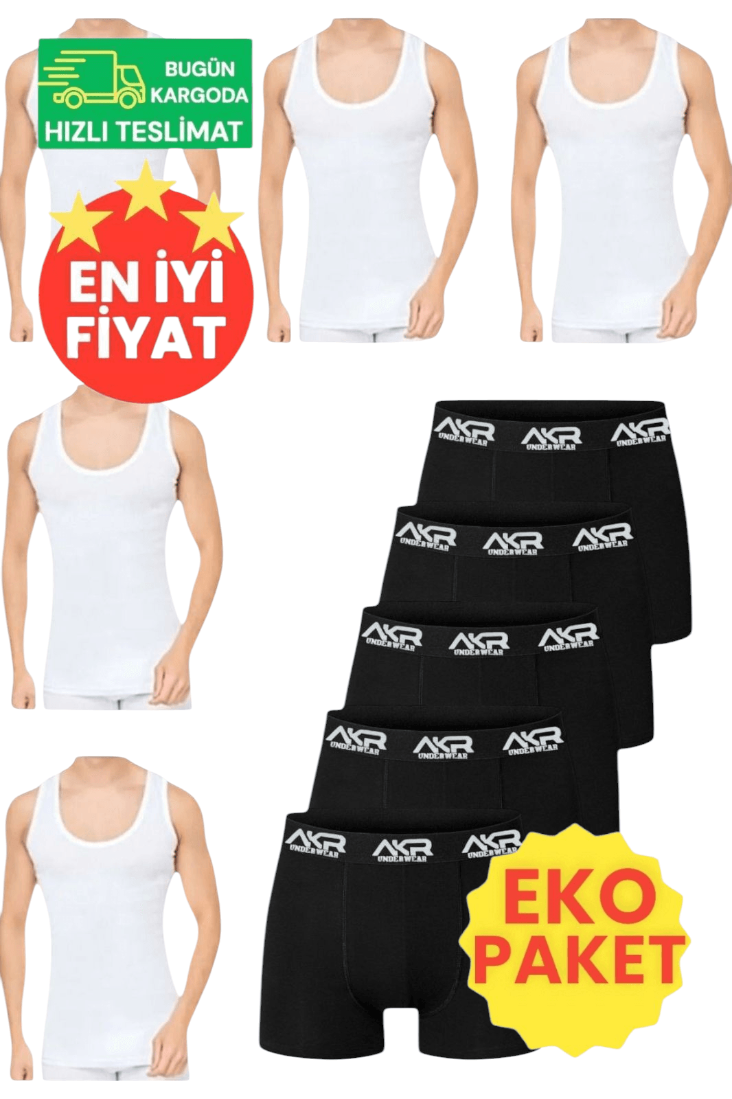 Erkek Pamuklu Dört Mevsim 5 Beyaz Atlet 5 Siyah Boxer Set