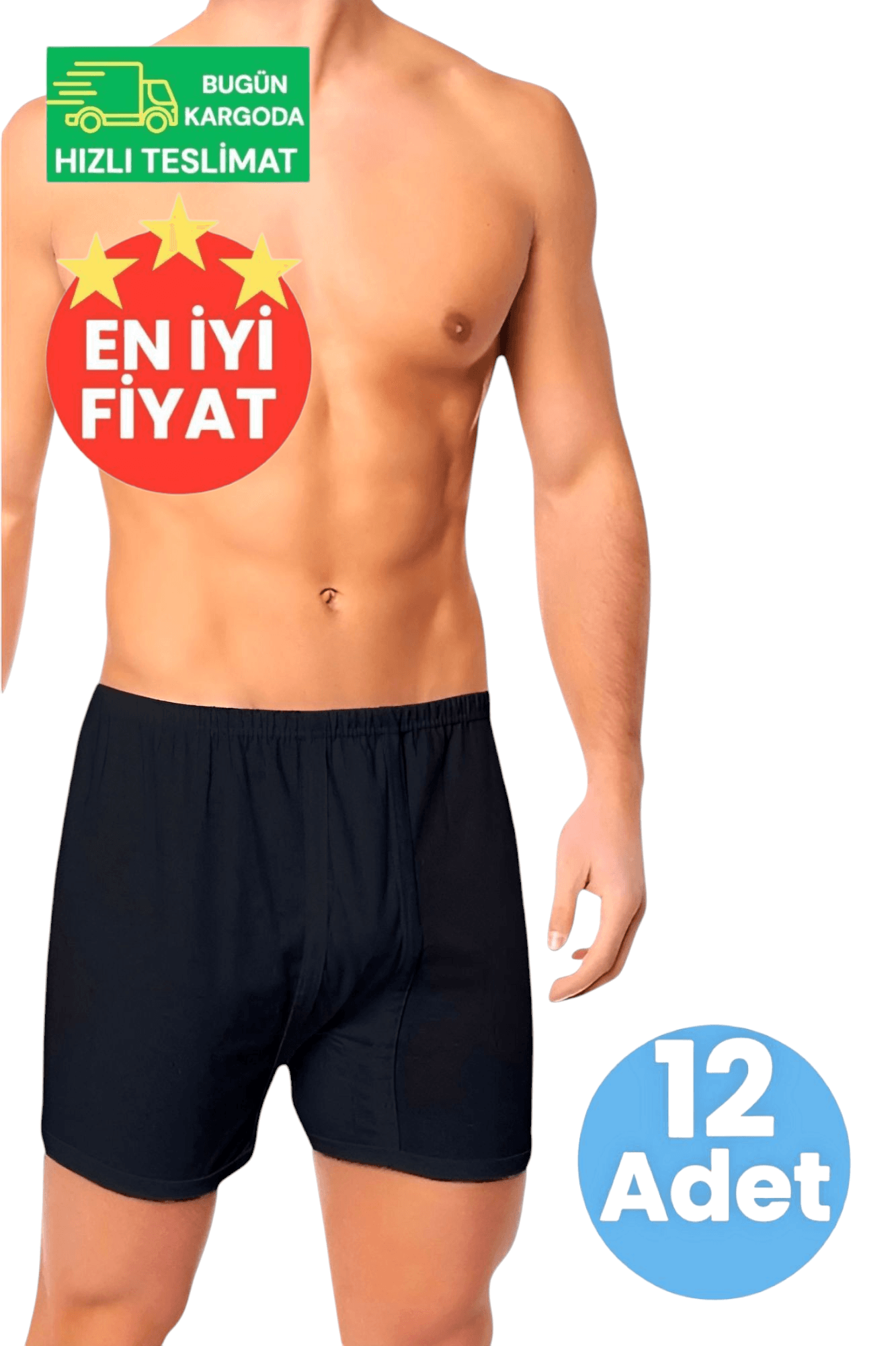Erkek Pamuklu Dört Mevsim Rahat Kesim 12'li  Siyah Paçalı  Boxer Külot