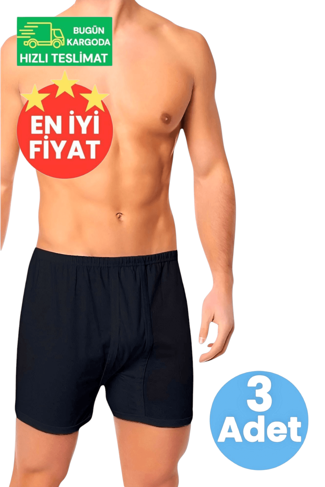 Erkek Pamuklu Dört Mevsim Rahat Kesim  3'lü Siyah Paçalı  Boxer Külot