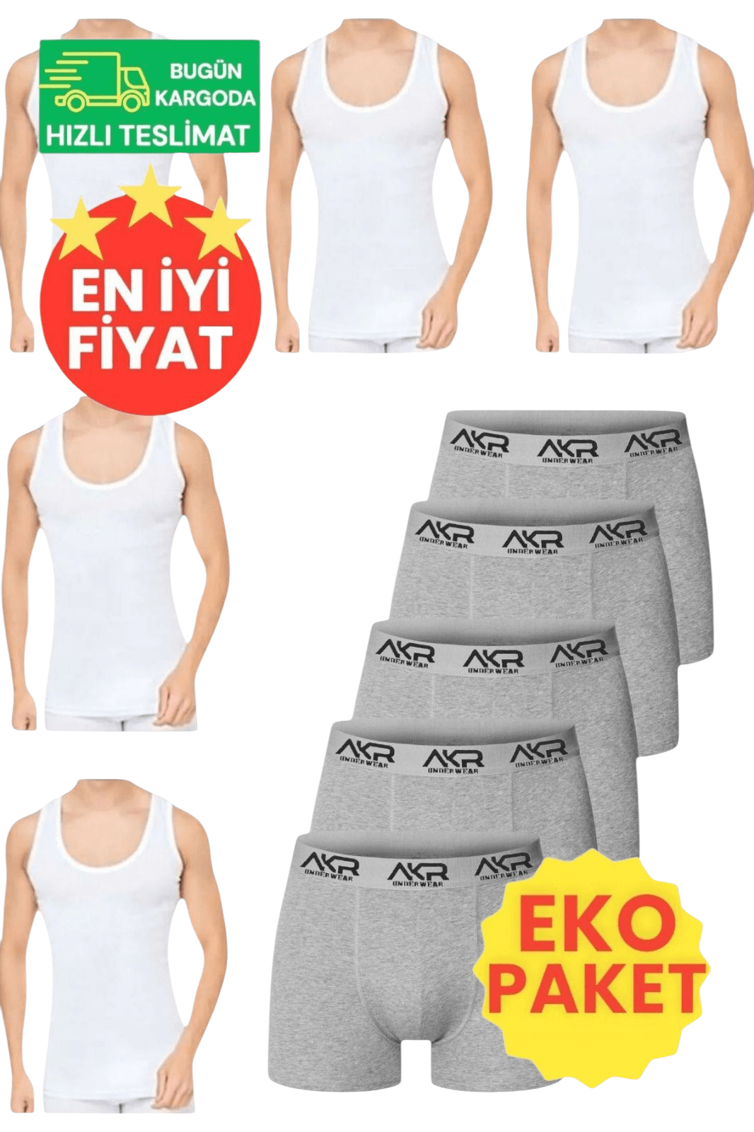 Erkek Pamuklu Dört Mevsim 5 Beyaz Atlet 5 Gri Boxer Set