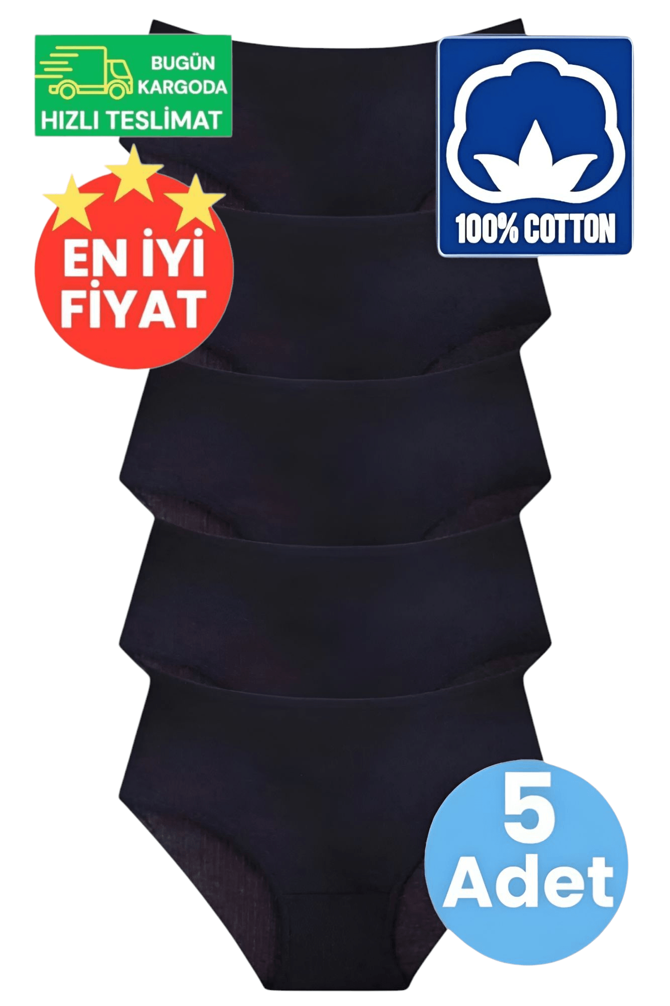 Kadın Yüksel Bel %100 Pamuklu Fitilli Siyah 5'li Bato Külot 