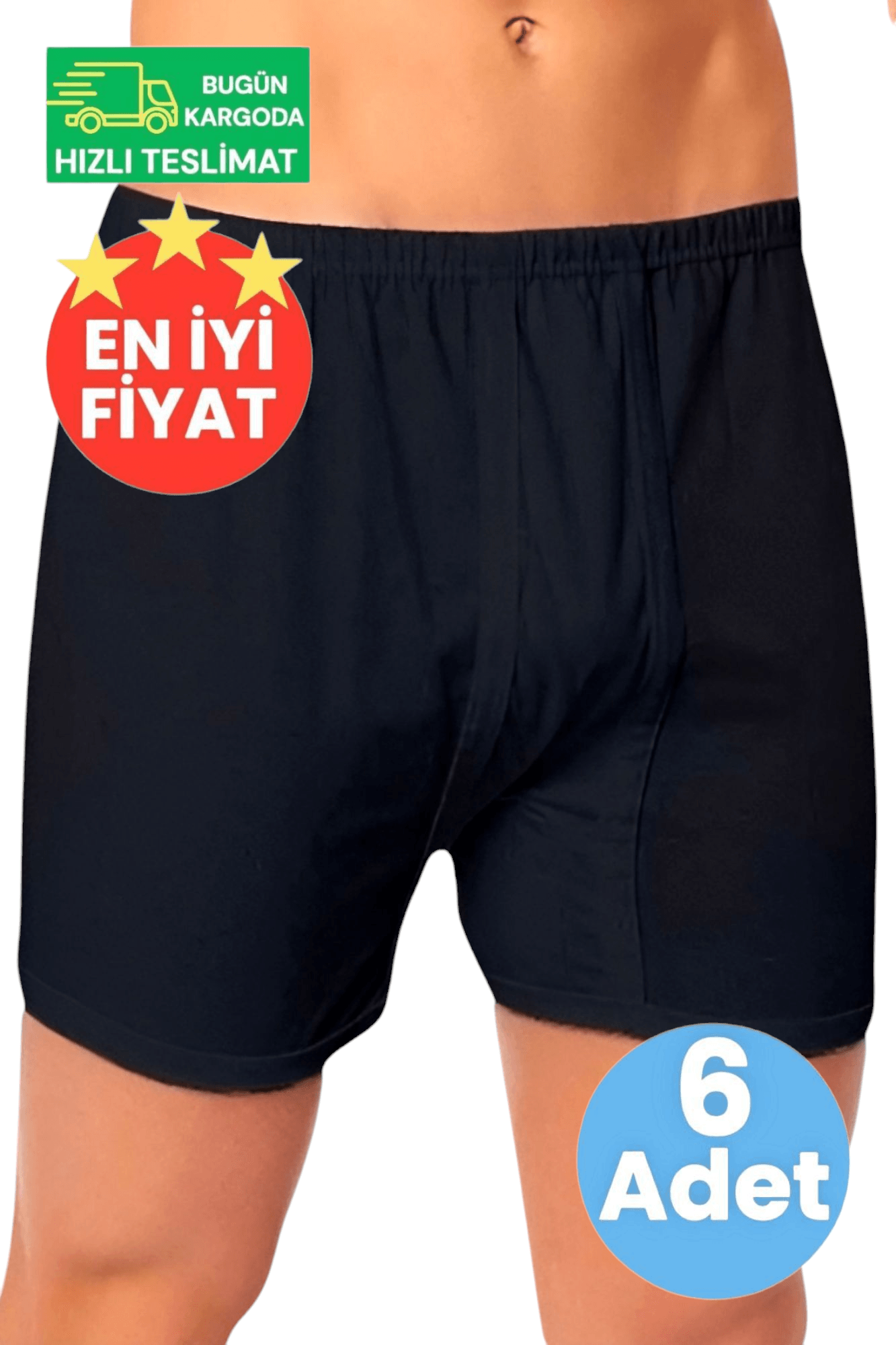 Erkek Pamuklu Dört Mevsim Rahat Kesim 6'lı Siyah Paçalı  Boxer Külot