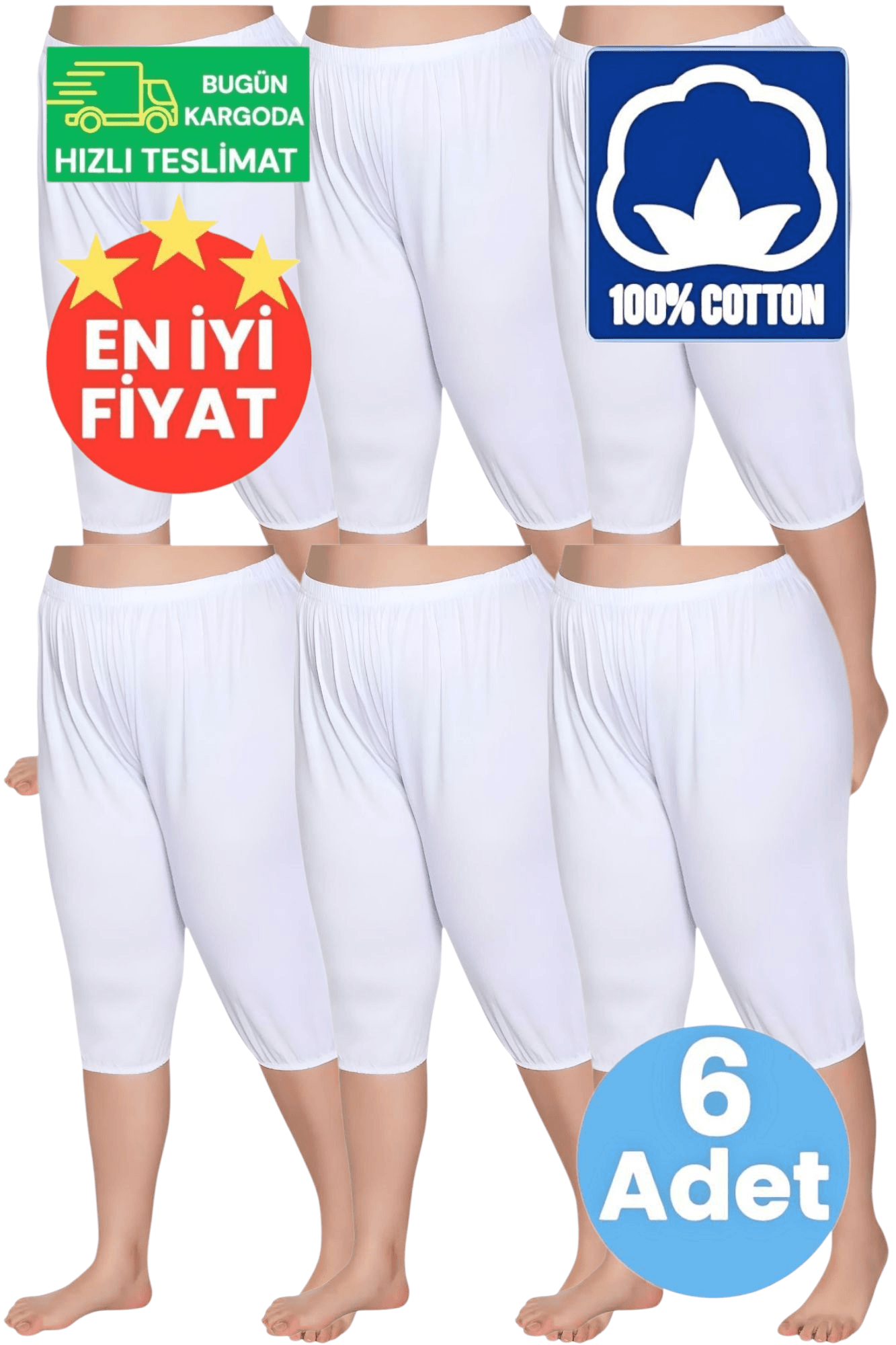 Kadın %100 Pamuklu Lastikli Kısa Pijama Beyaz 6'lı Paçalı Don