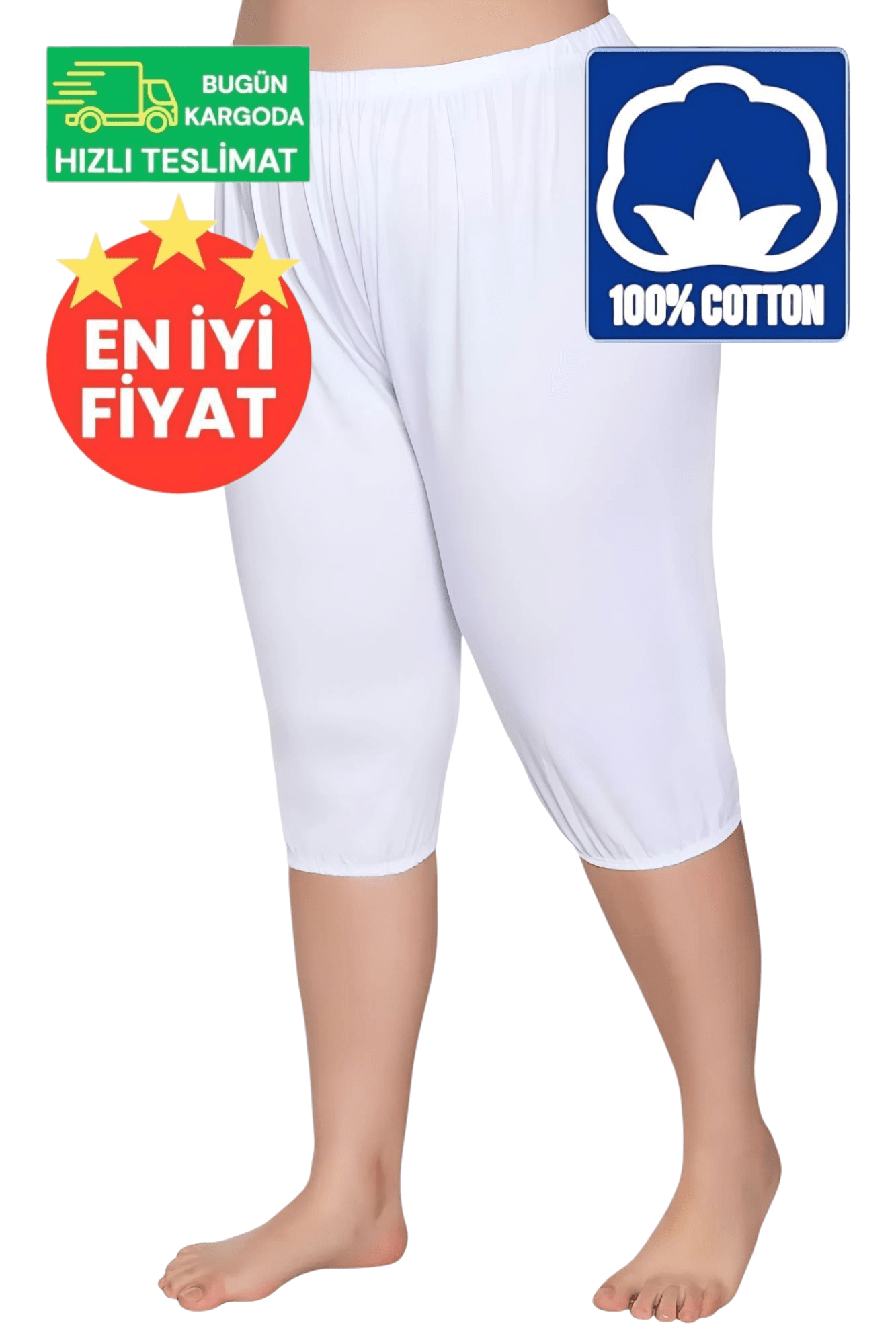 Kadın %100 Pamuklu Lastikli Kısa Pijama Beyaz Paçalı Don 