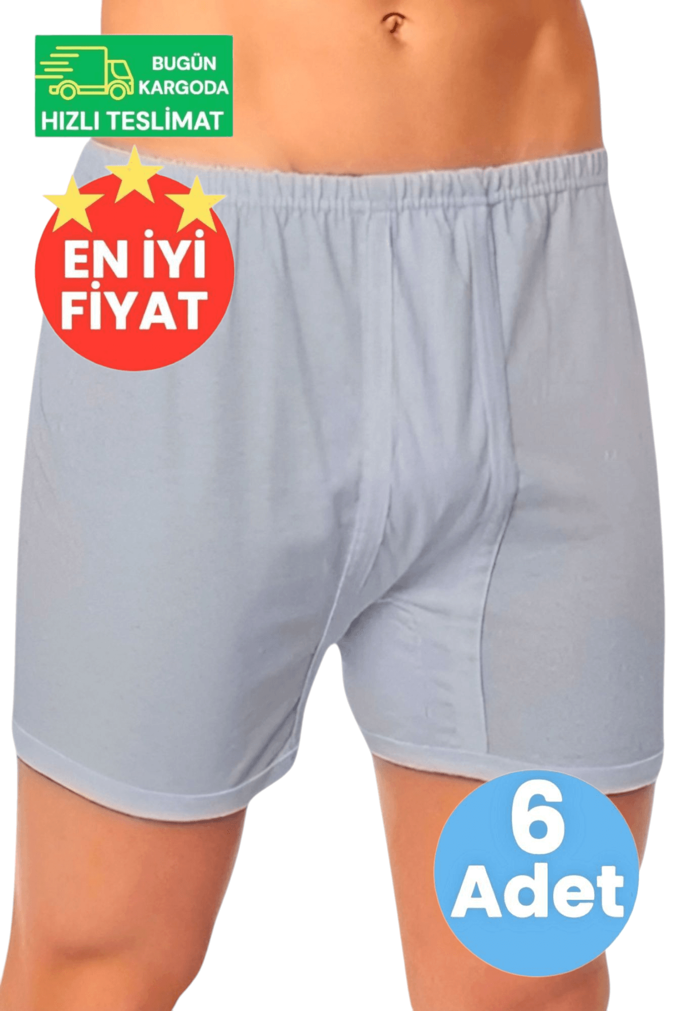 Erkek Pamuklu Dört Mevsim Rahat Kesim  6'lı Gri Paçalı  Boxer Külot