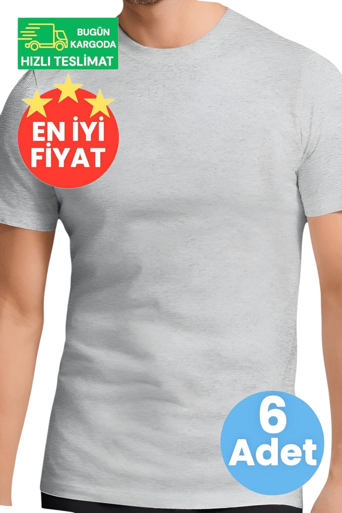 Erkek Pamuklu Dört Mevsim Sıfır Yaka Gri 6'lı Fanila