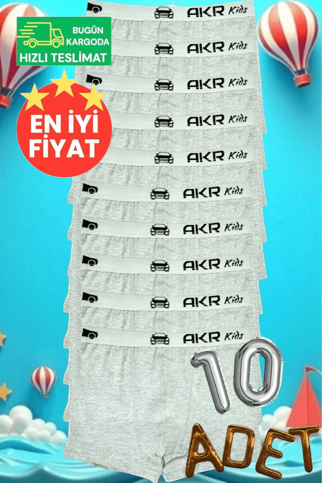 Erkek Çocuk Pamuklu Dört Mevsim Gri 10'lu Boxer