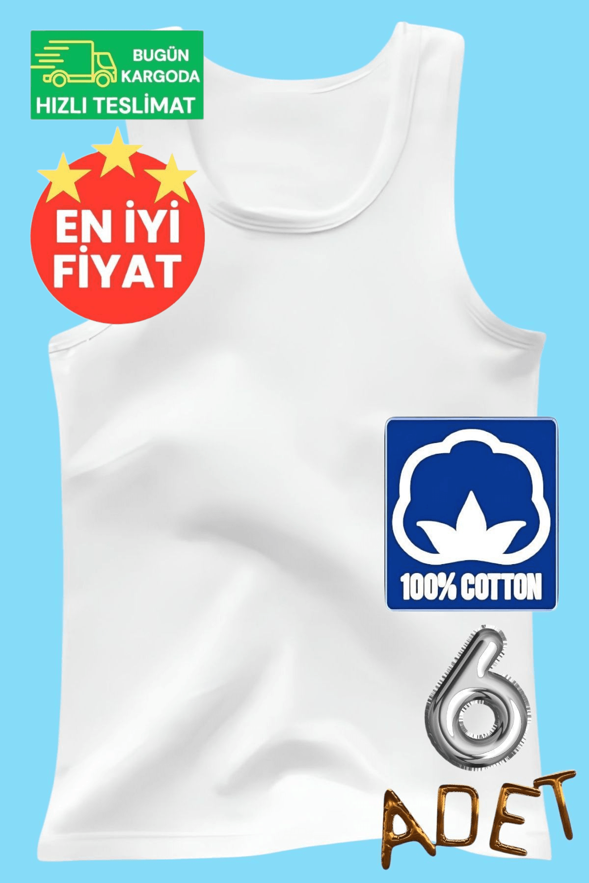 Erkek Çocuk Premium % 100 Pamuklu Beyaz 6'lı Atlet