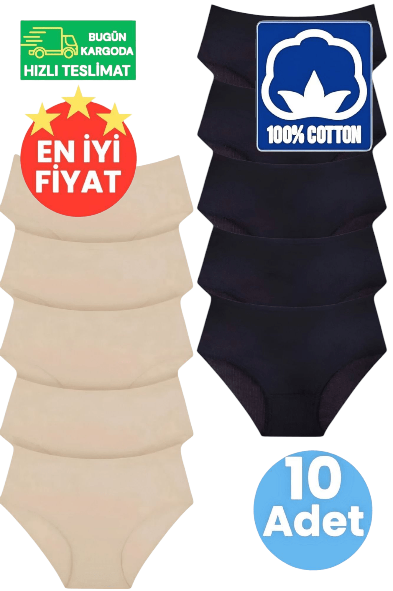 Kadın Yüksel Bel %100 Pamuklu Fitilli 5 Siyah ve 5 Ten Rengi 10'lu Bato Külot 