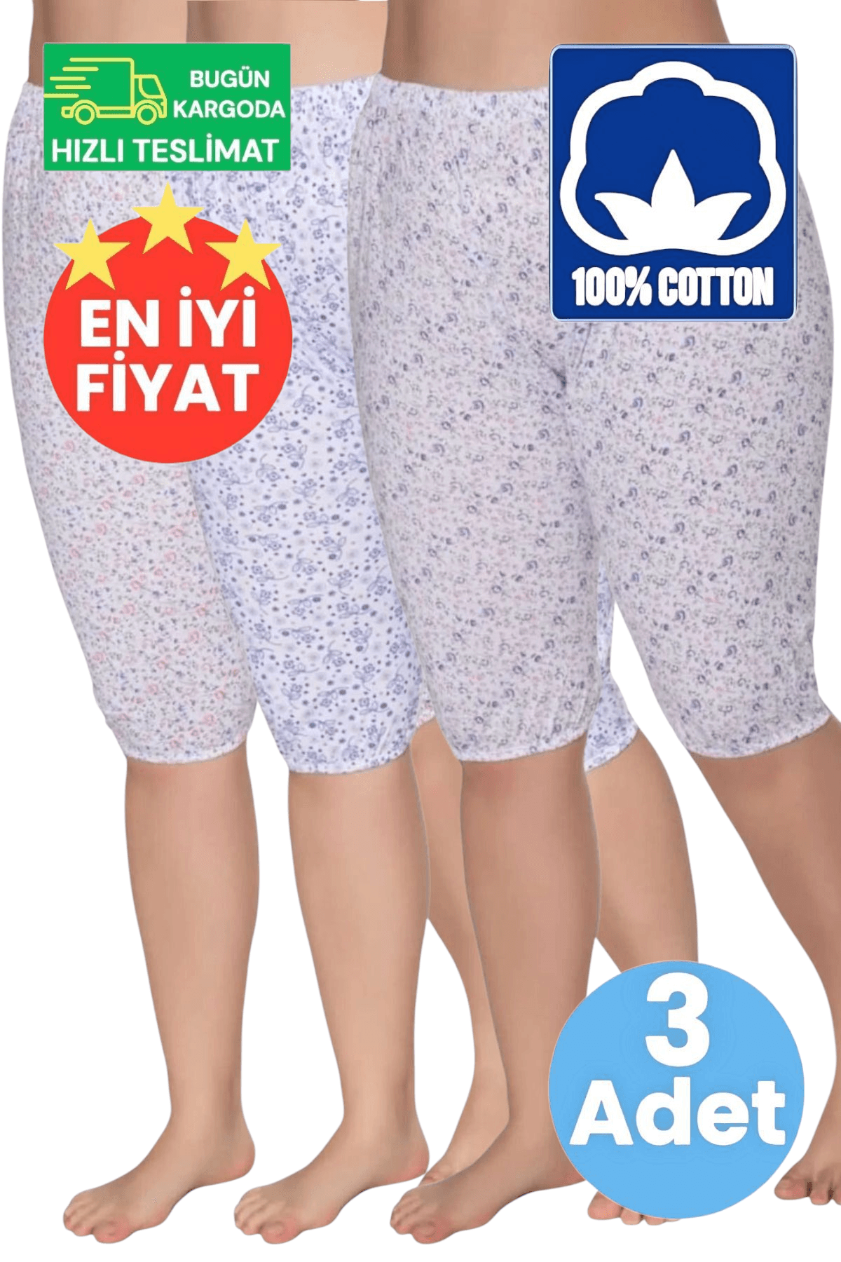  Kadın %100 Pamuklu Desenli Emprime Kısa Lastikli Pijama 3'lü Paçalı Don 