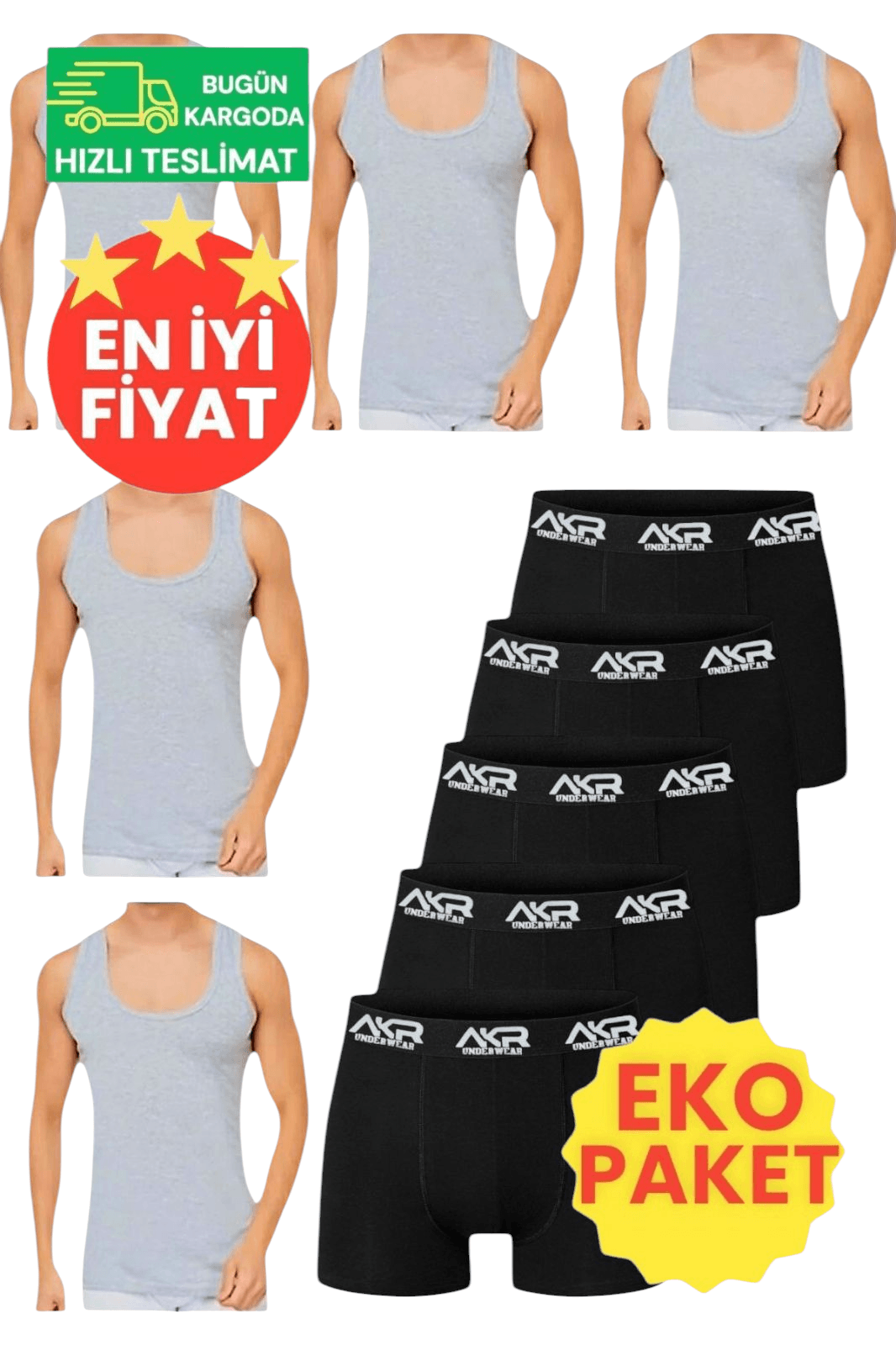 Erkek Pamuklu Dört Mevsim 5 Gri Atlet 5 Siyah Boxer Set