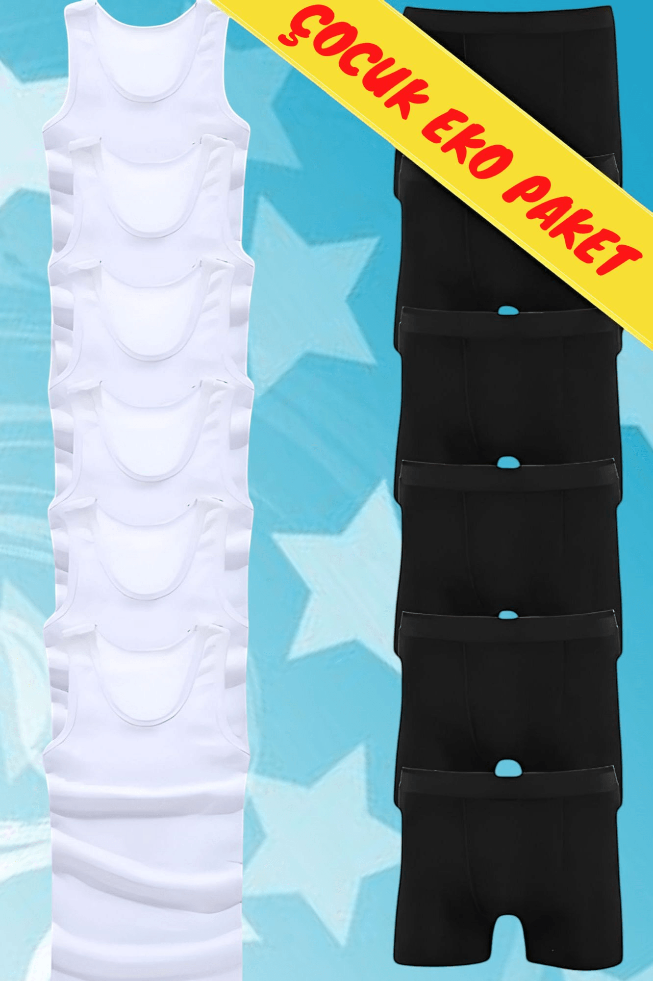 Erkek Çocuk Pamuklu Dört Mevsim 6 Beyaz Atlet 6 Siyah Boxer Set