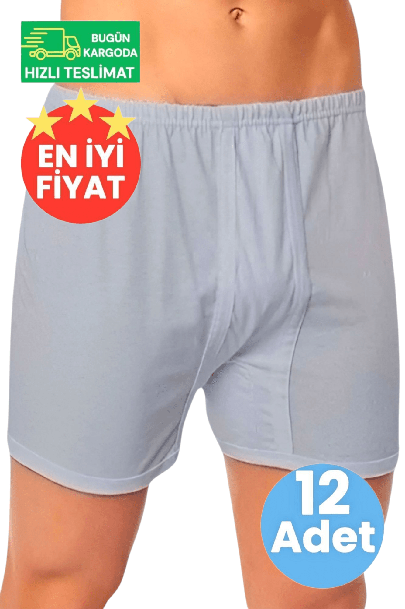 Erkek Pamuklu Dört Mevsim Rahat Kesim  12'li  Gri Paçalı  Boxer Külot