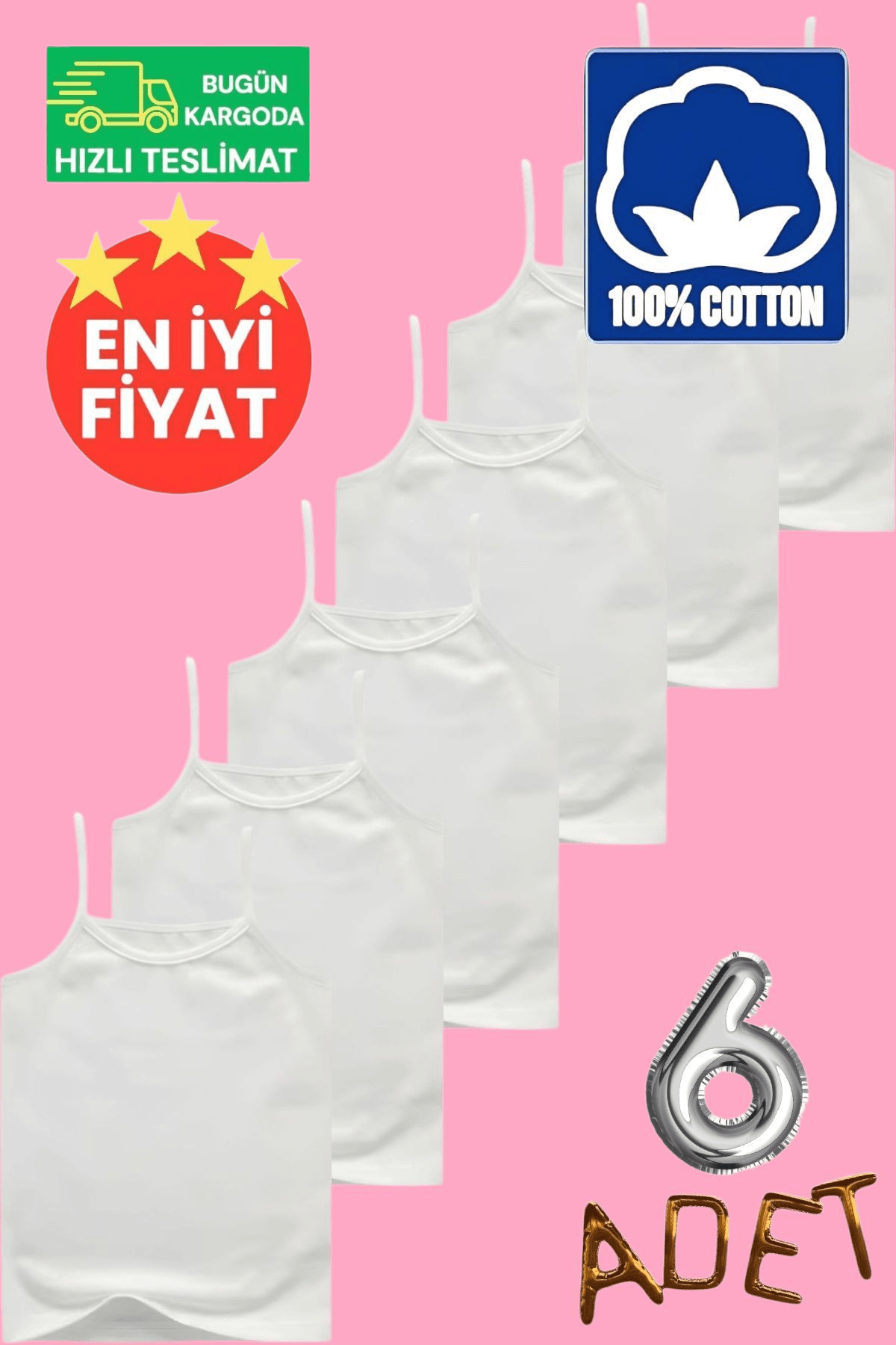 Kız Çocuk Premium % 100 Pamuklu İp Askılı Beyaz 6'lı Atlet