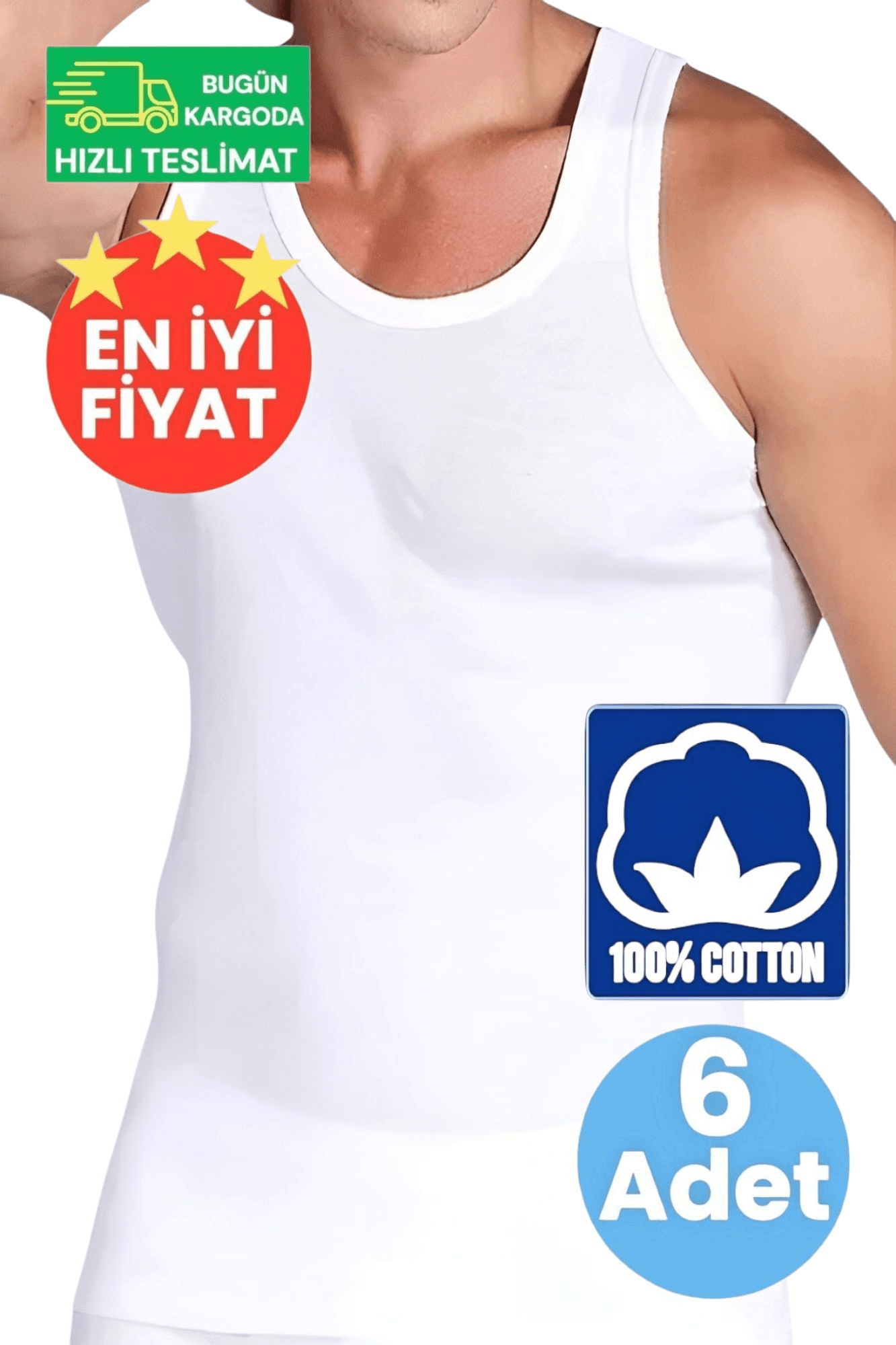 Erkek Premium % 100 Pamuklu Beyaz 6'lı Atlet