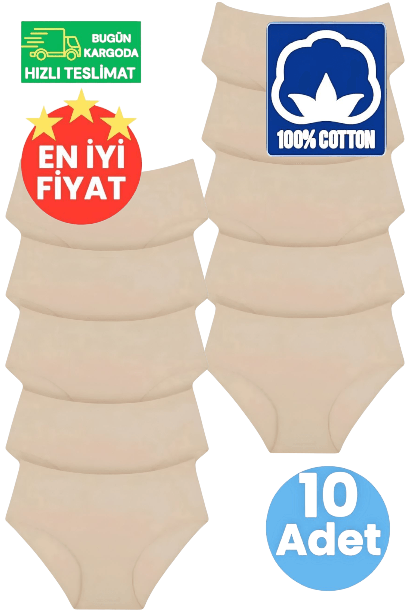 Kadın Yüksel Bel %100 Pamuklu Fitilli Ten Rengi 10'lu Bato Külot 