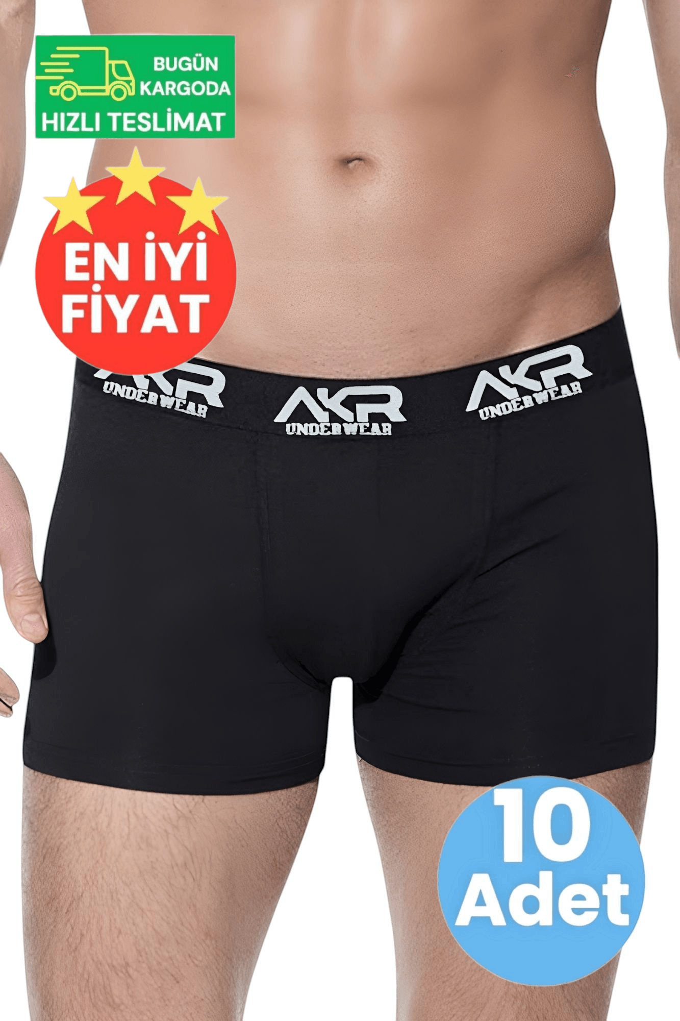 Erkek Pamuklu Dört Mevsim Likralı Siyah 10'lu Boxer