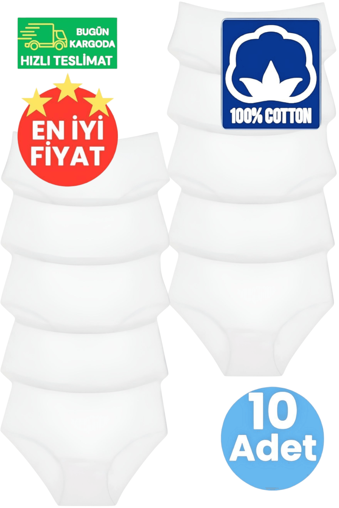 Kadın Yüksel Bel %100 Pamuklu Fitilli Beyaz 10'lu Bato Külot 