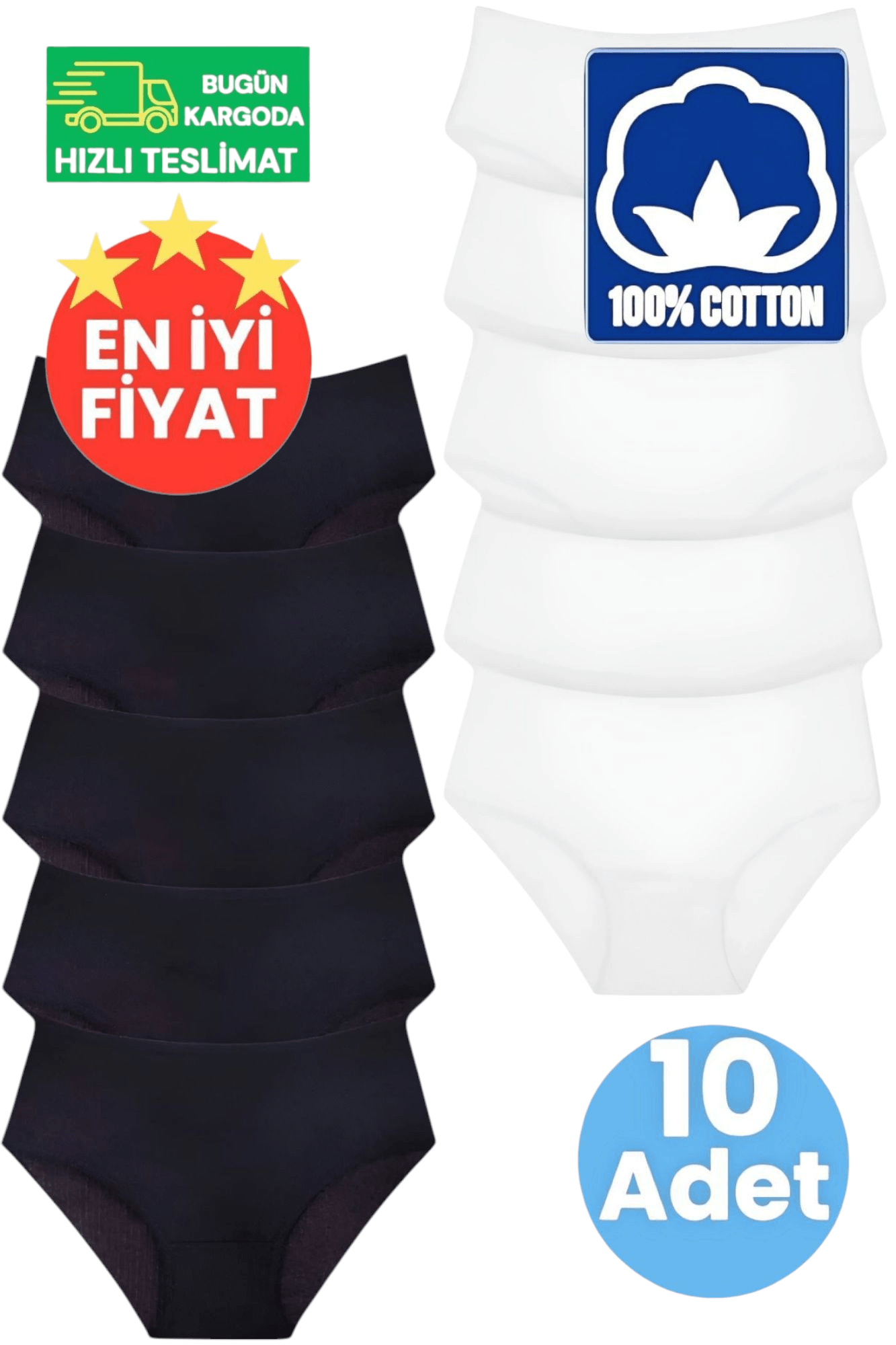 Kadın Yüksel Bel %100 Pamuklu Fitilli 5 Beyaz ve 5 Siyah 10'lu Bato Külot 