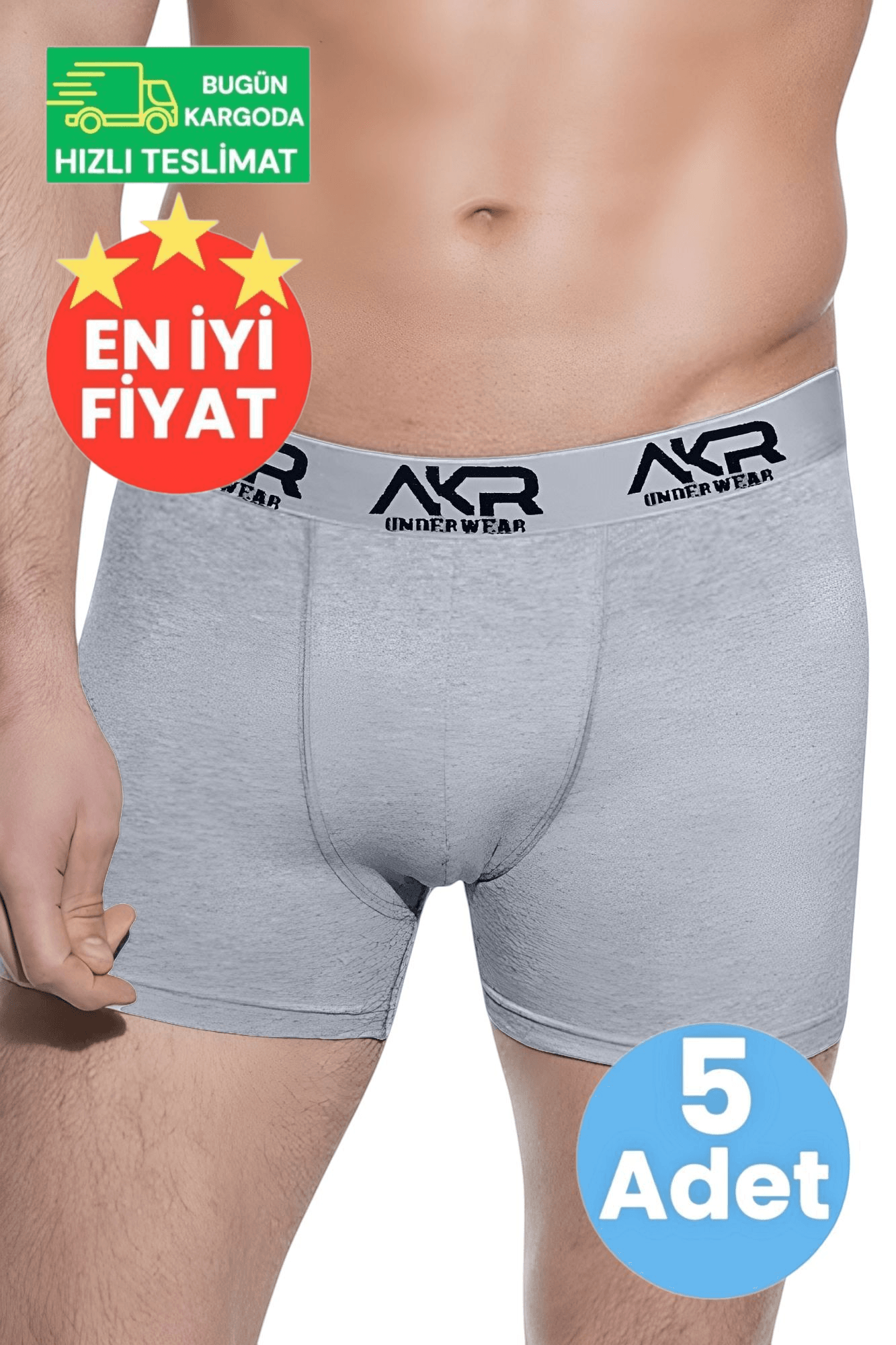 Erkek Pamuklu Dört Mevsim Likralı Gri 5'li Boxer