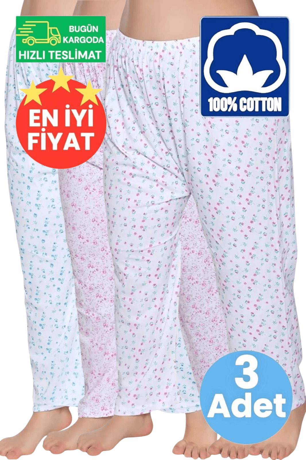 Kadın %100 Pamuklu Desenli Emprime Lastikli Uzun Pijama 3'lü Düz Paçalı Don 