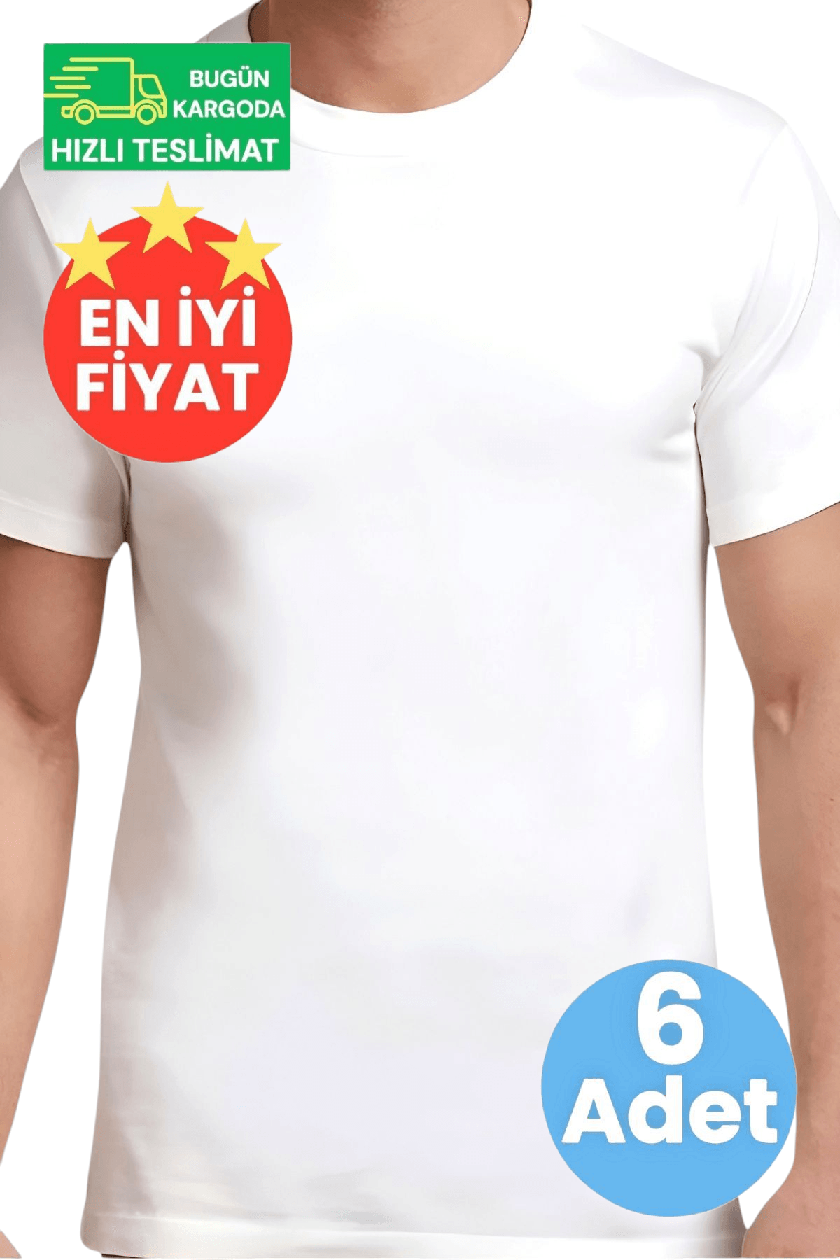 Erkek Pamuklu Dört Mevsim Sıfır Yaka Beyaz 6'lı Fanila