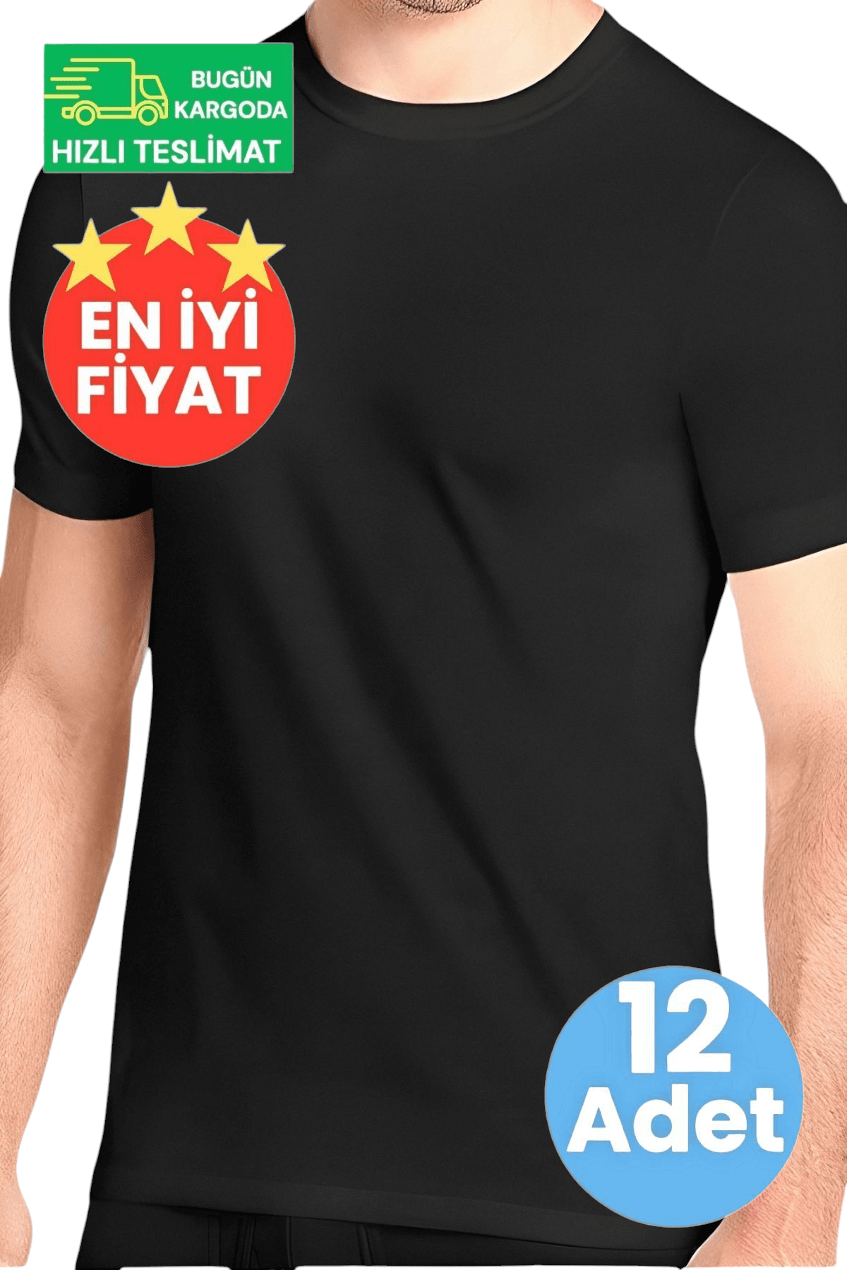 Erkek Pamuklu Dört Mevsim Sıfır Yaka Siyah 12'li Fanila
