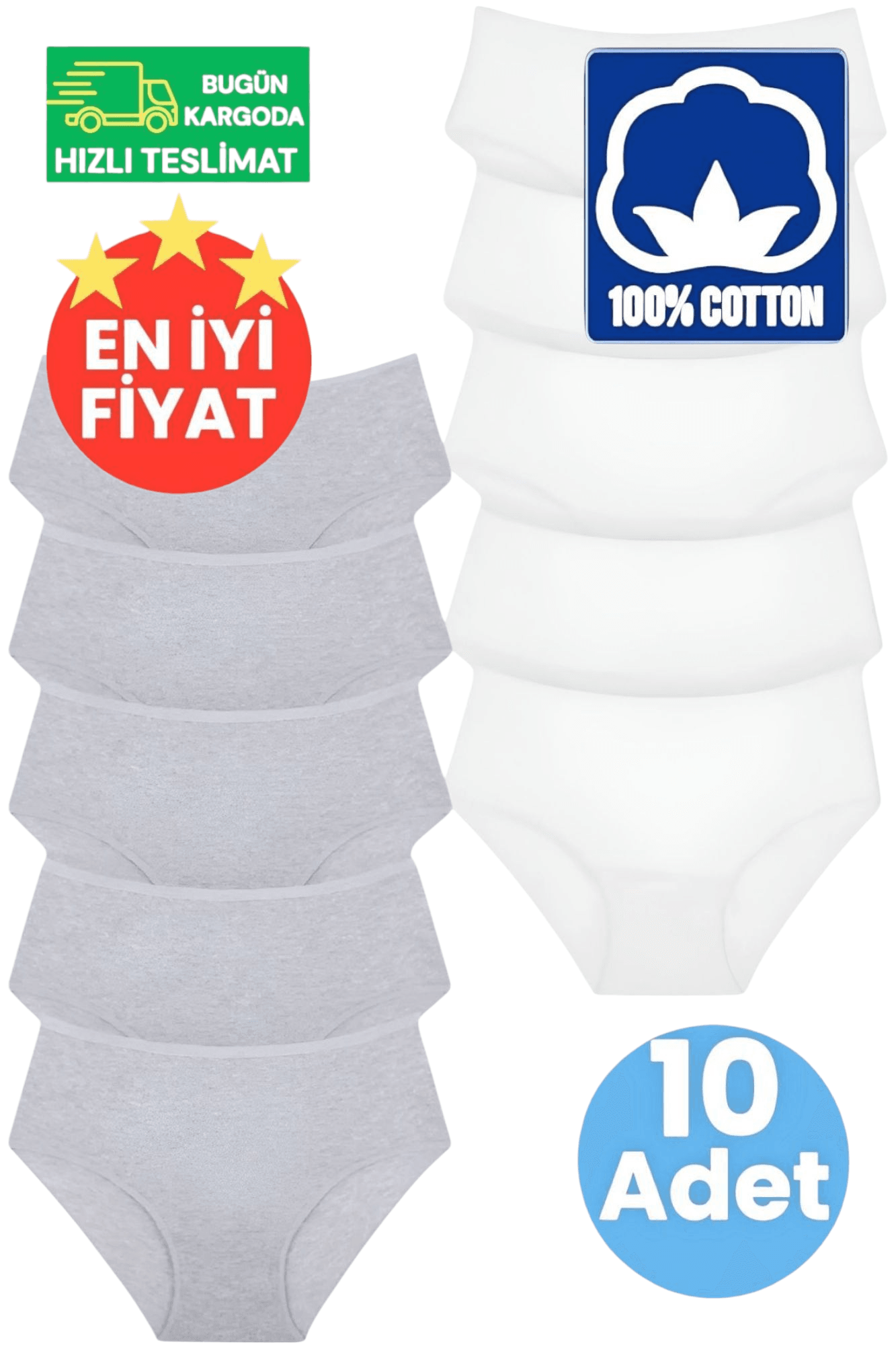 Kadın Yüksel Bel %100 Pamuklu Fitilli 5 Beyaz ve 5 Gri 10'lu Bato Külot 