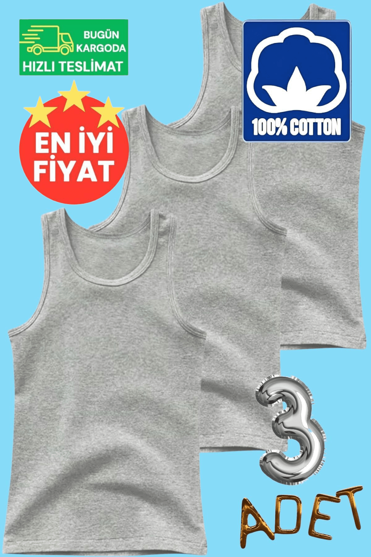 Erkek Çocuk Premium % 100 Pamuklu Gri 3'lü Atlet