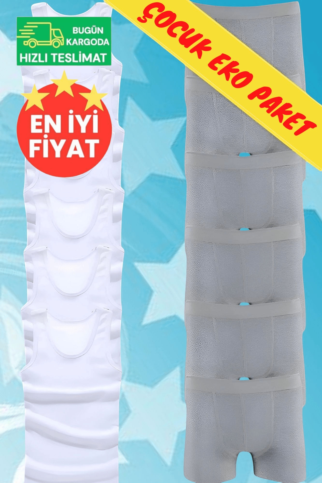 Erkek Çocuk Pamuklu Dört Mevsim 6 Beyaz Atlet 6 Gri Boxer Set