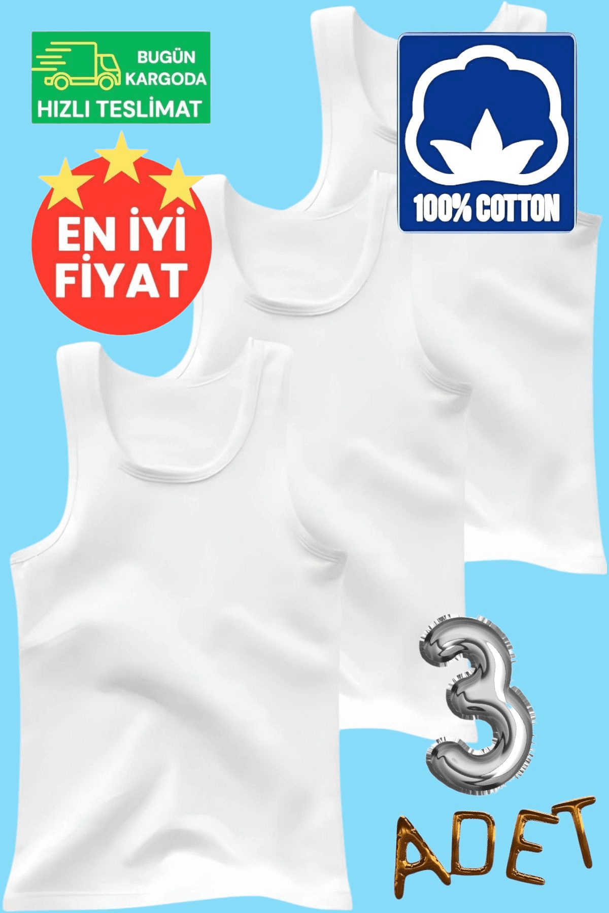 Erkek Çocuk Premium % 100 Pamuklu Beyaz 3'lü Atlet