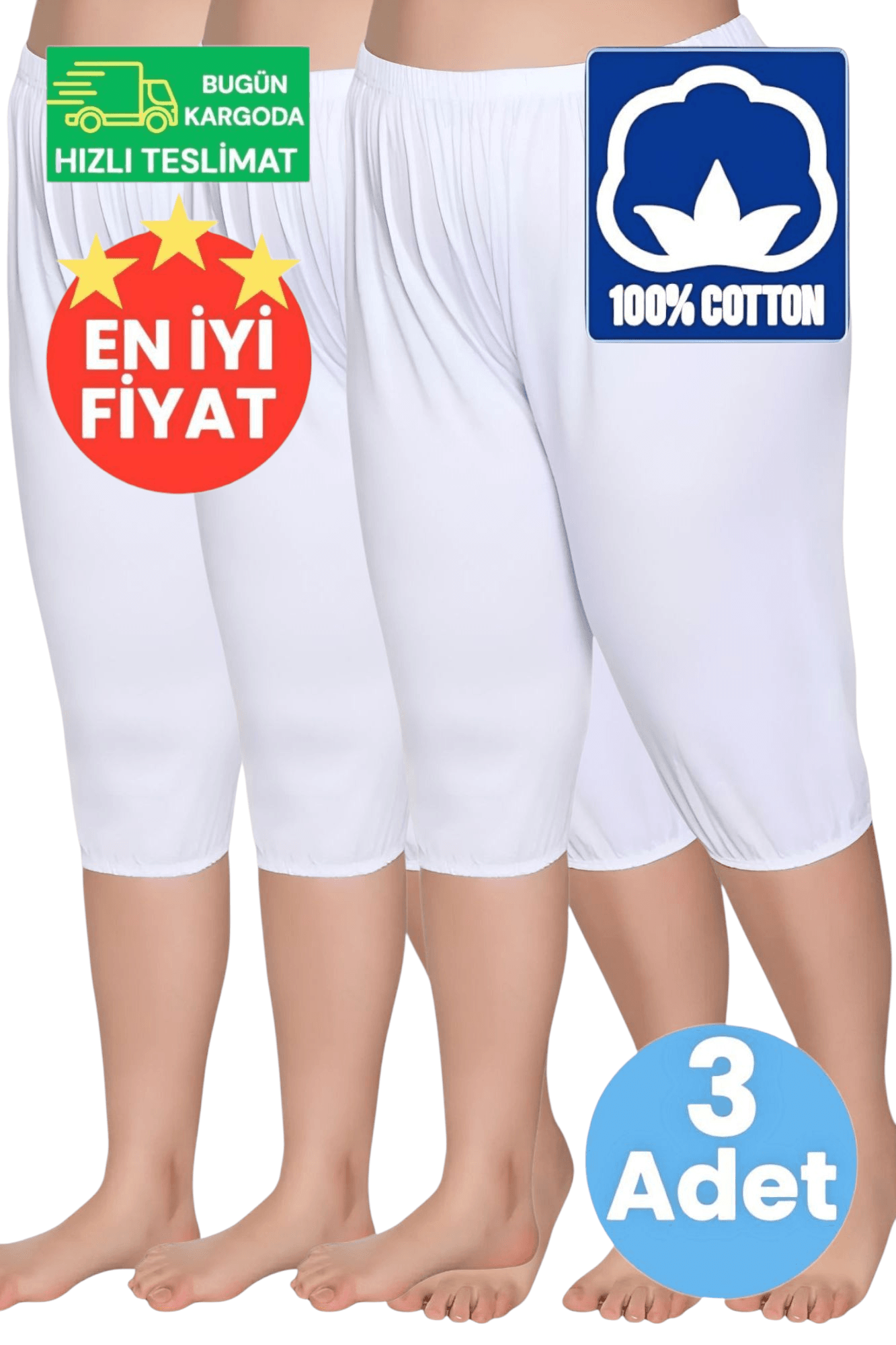 Kadın %100 Pamuklu Lastikli Kısa Pijama Beyaz 3'lü Paçalı Don