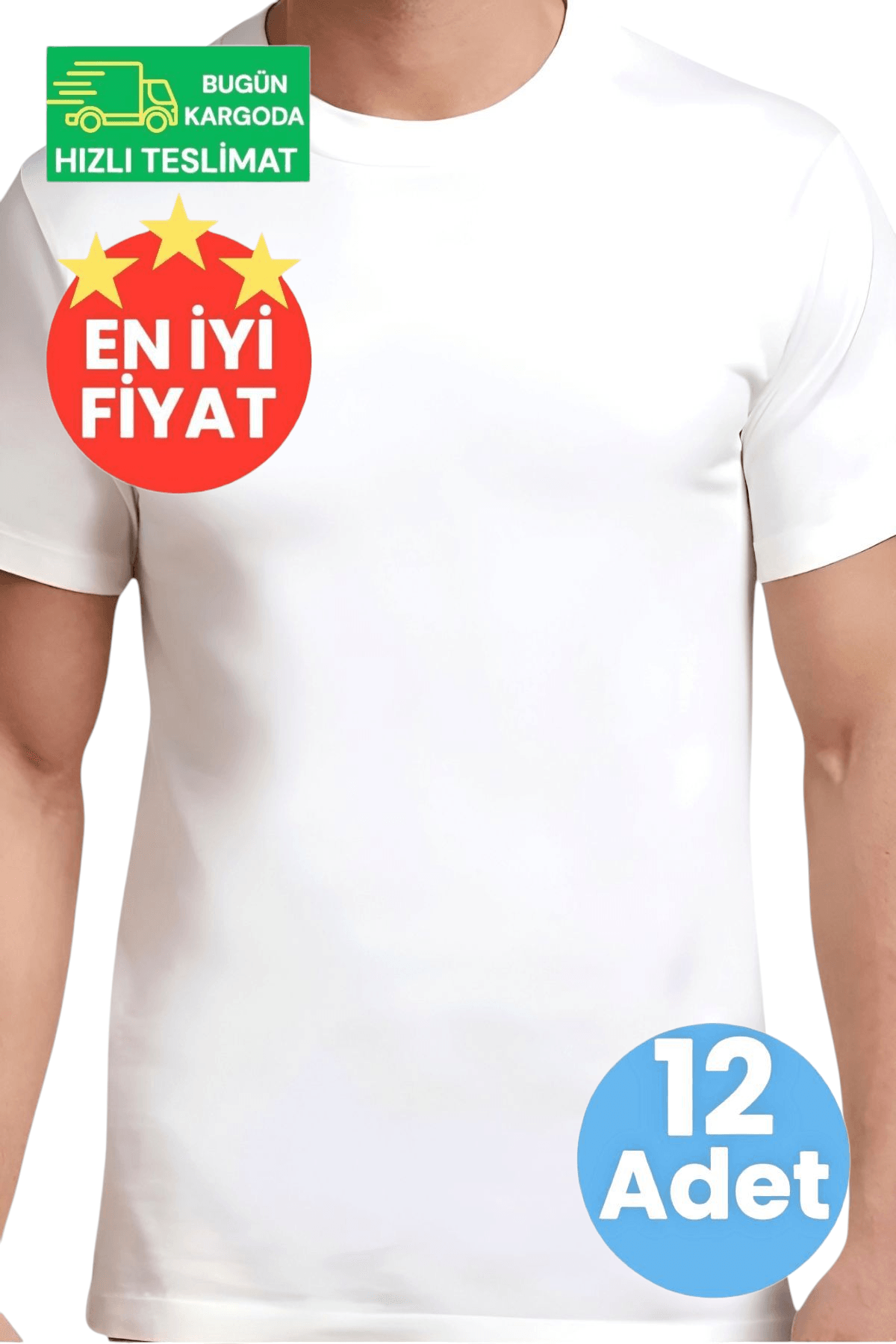 Erkek Pamuklu Dört Mevsim Sıfır Yaka Beyaz 12'li Fanila