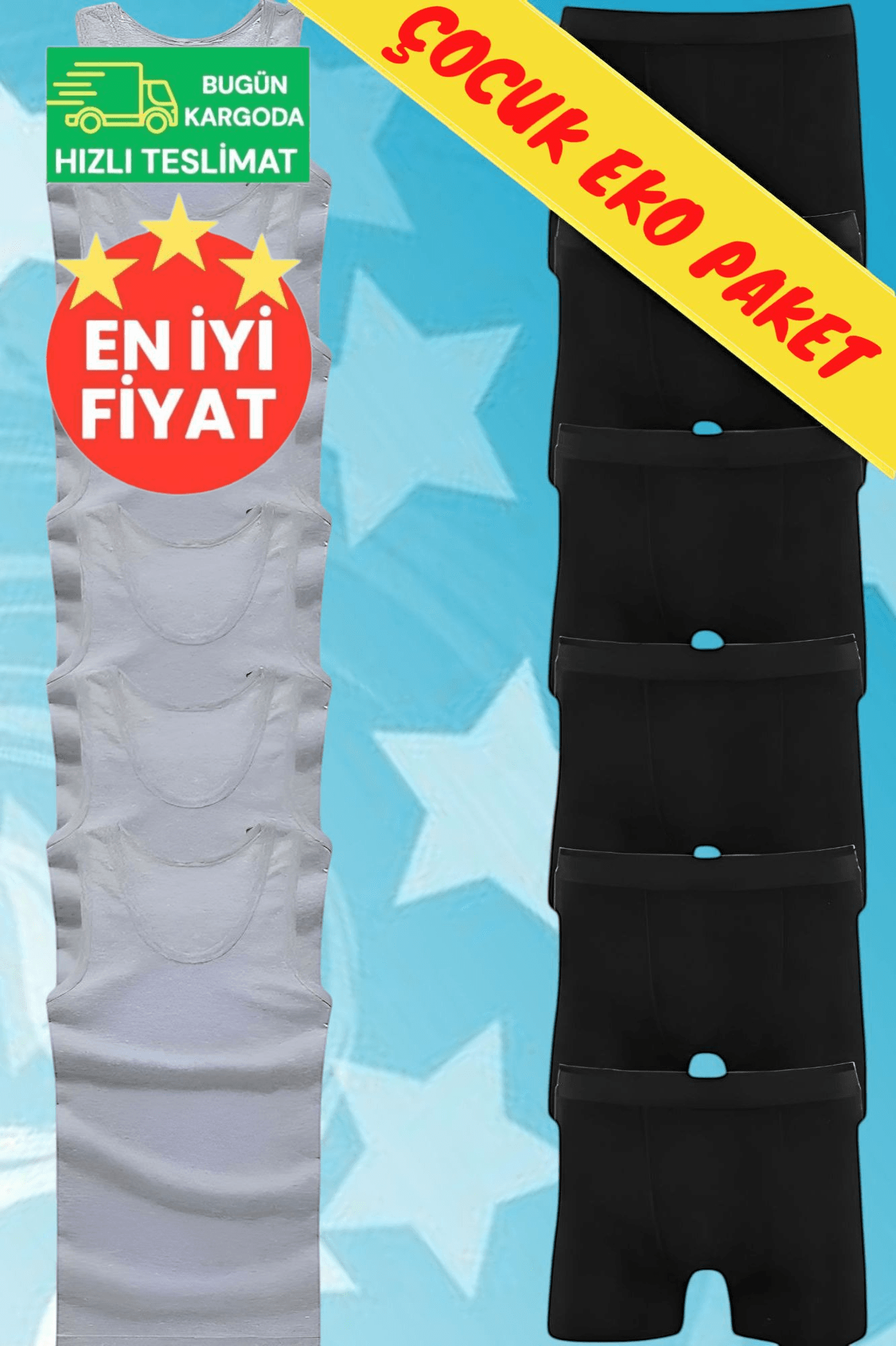 Erkek Çocuk Pamuklu Dört Mevsim 6 Gri Atlet 6 Siyah Boxer Set