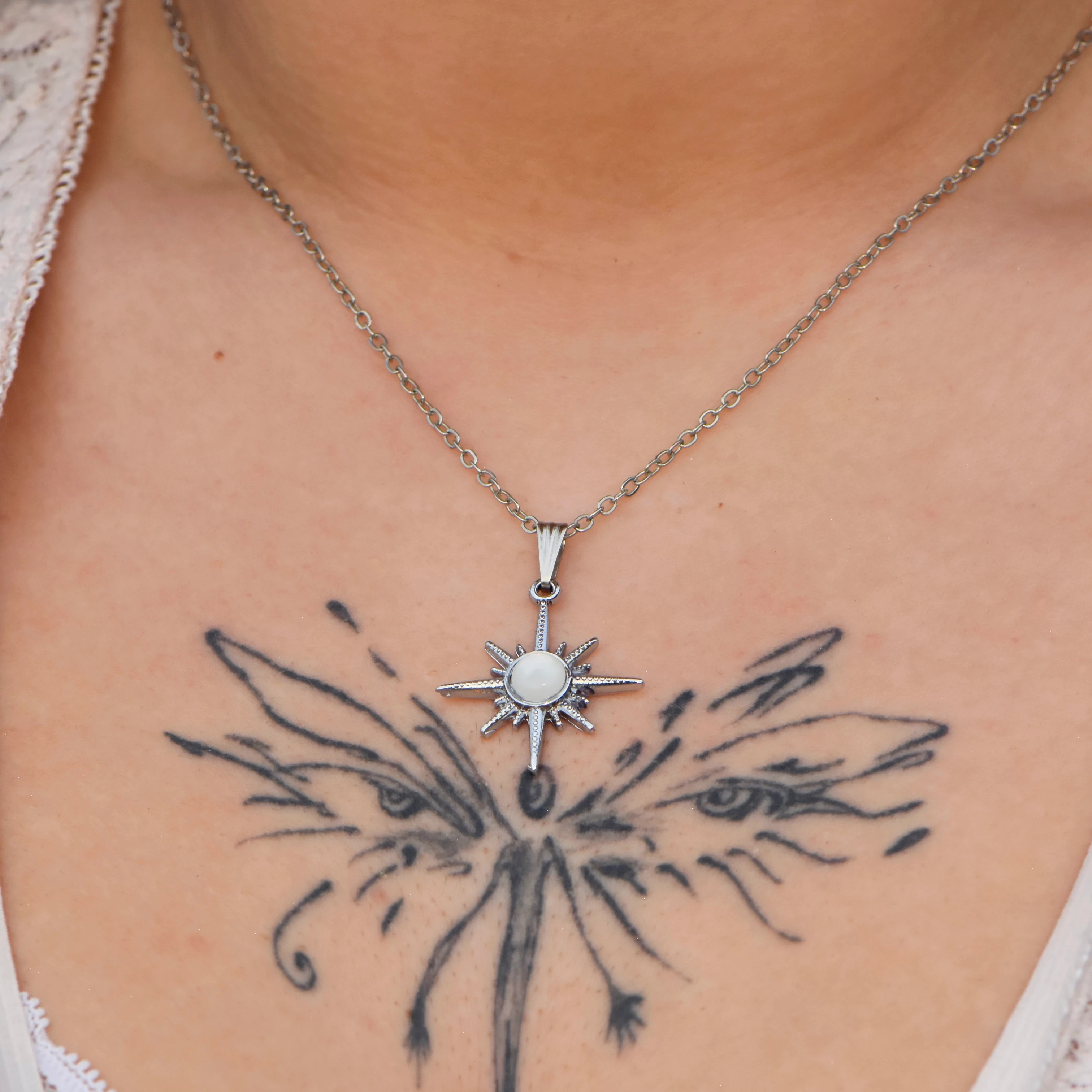 Beyaz Taşlı Kutup Yıldızı 45 cm Kolye