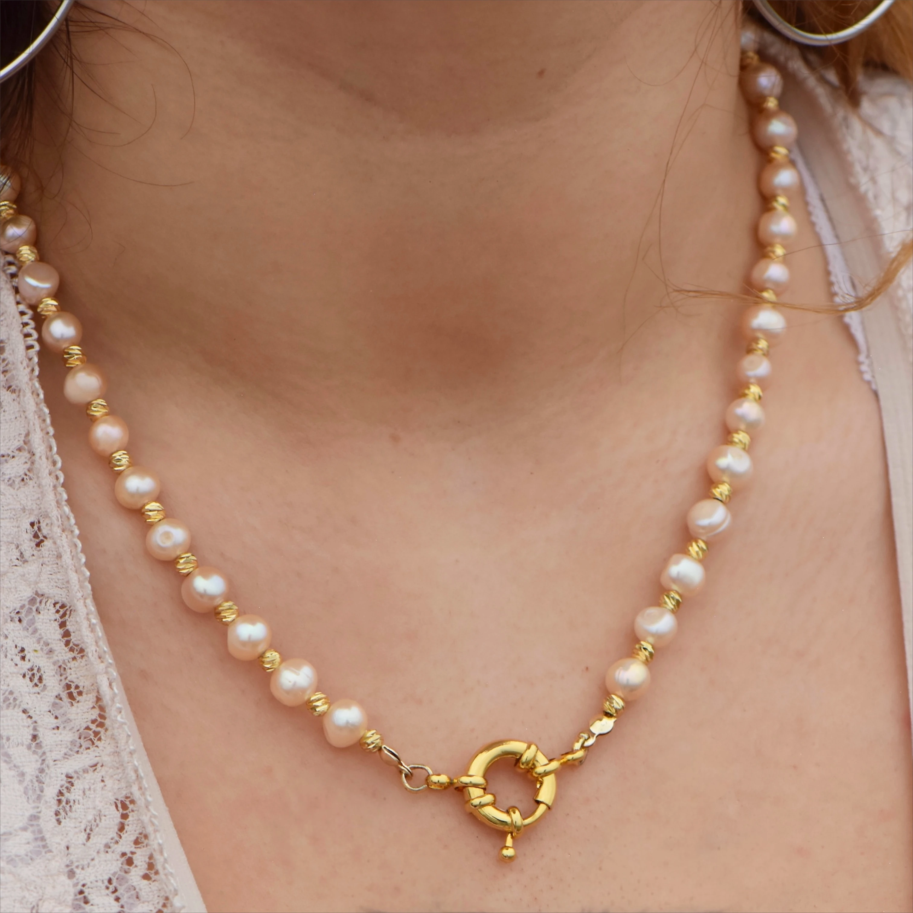 Gemici Kilitli Doğal Pembe İnci ve Dorikalı 45 cm Kolye