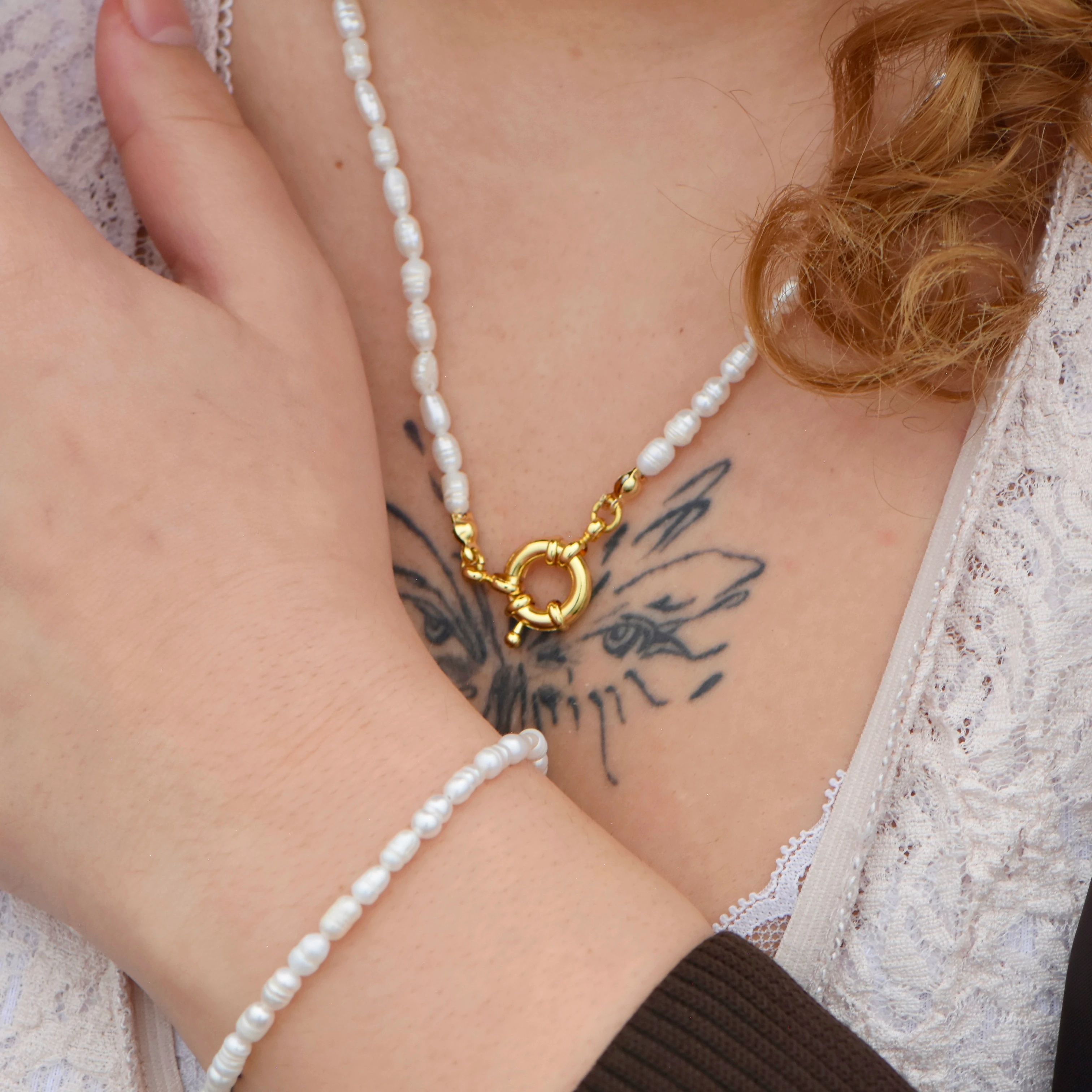 Gemici Kilitli Doğal Arpa İnci 45 cm Kolye ve Doğal İnci Bileklik Set