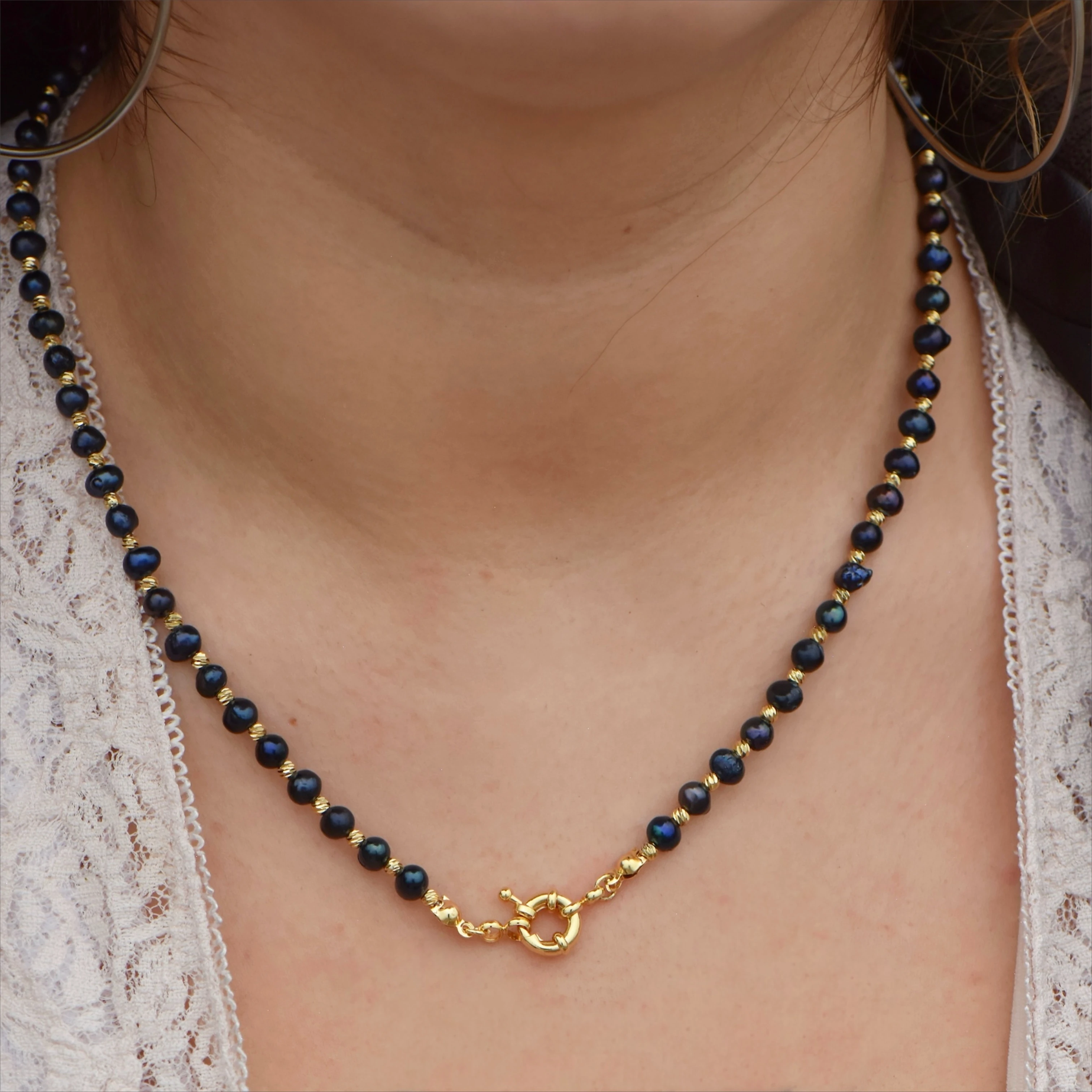 Gemici Kilitli Doğal Siyah İnci ve Dorikalı 45 cm Kolye