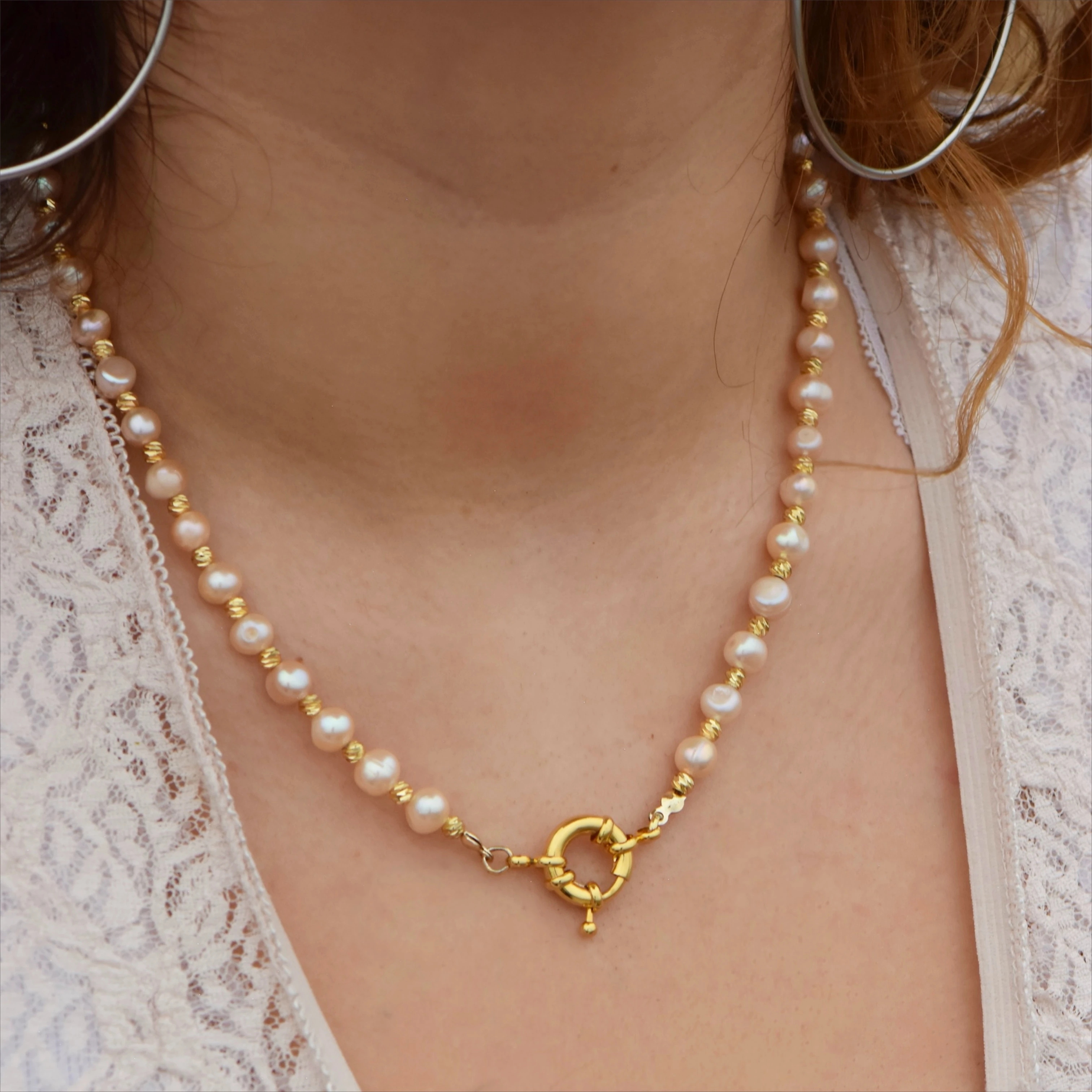 Gemici Kilitli Doğal Pembe İnci ve Dorikalı 45 cm Kolye