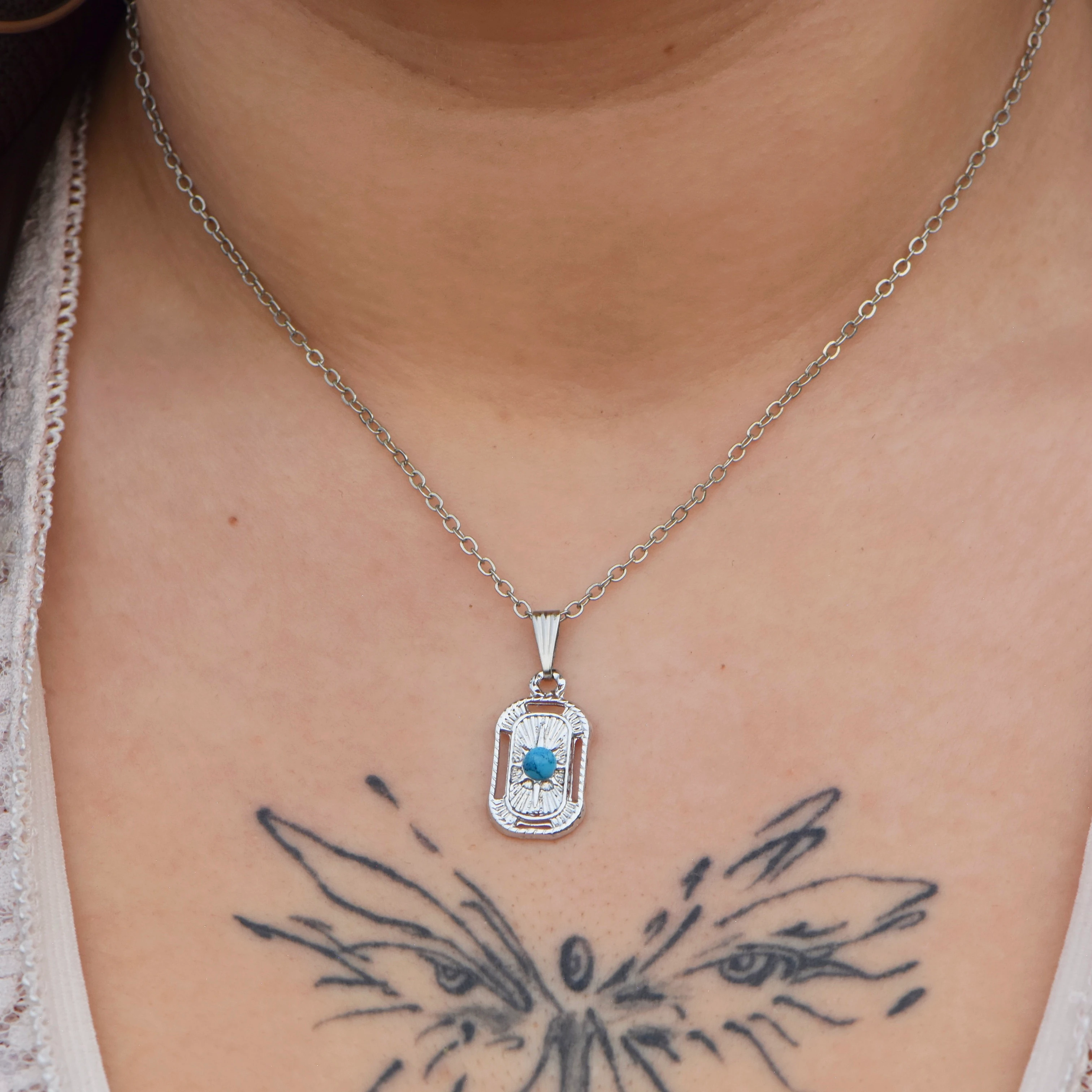 Mavi Taşlı Dikdörtgen 45 cm Kolye