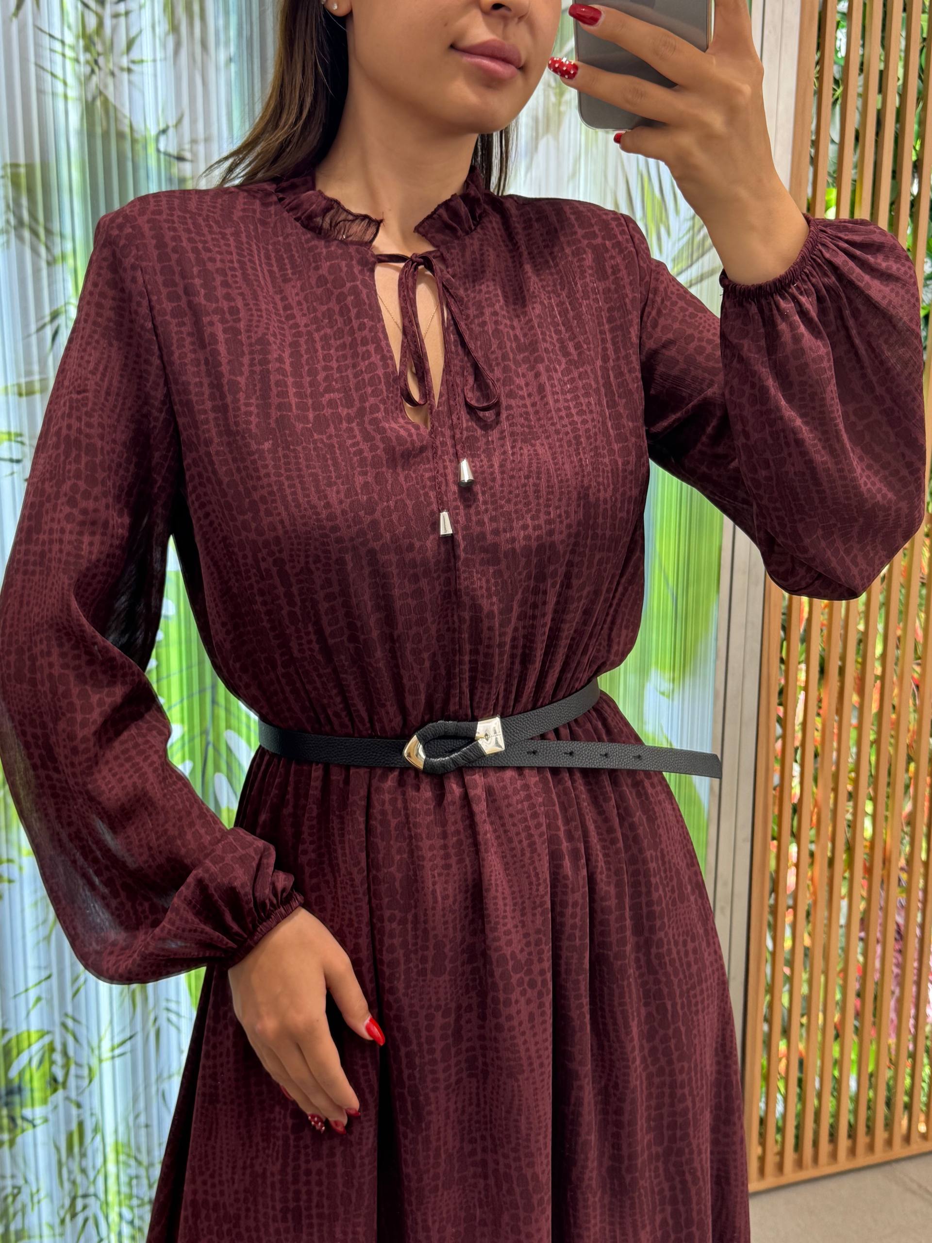 FIRFIRLI BAĞLAMALI YAKA UZUN KOLLU ELBİSE